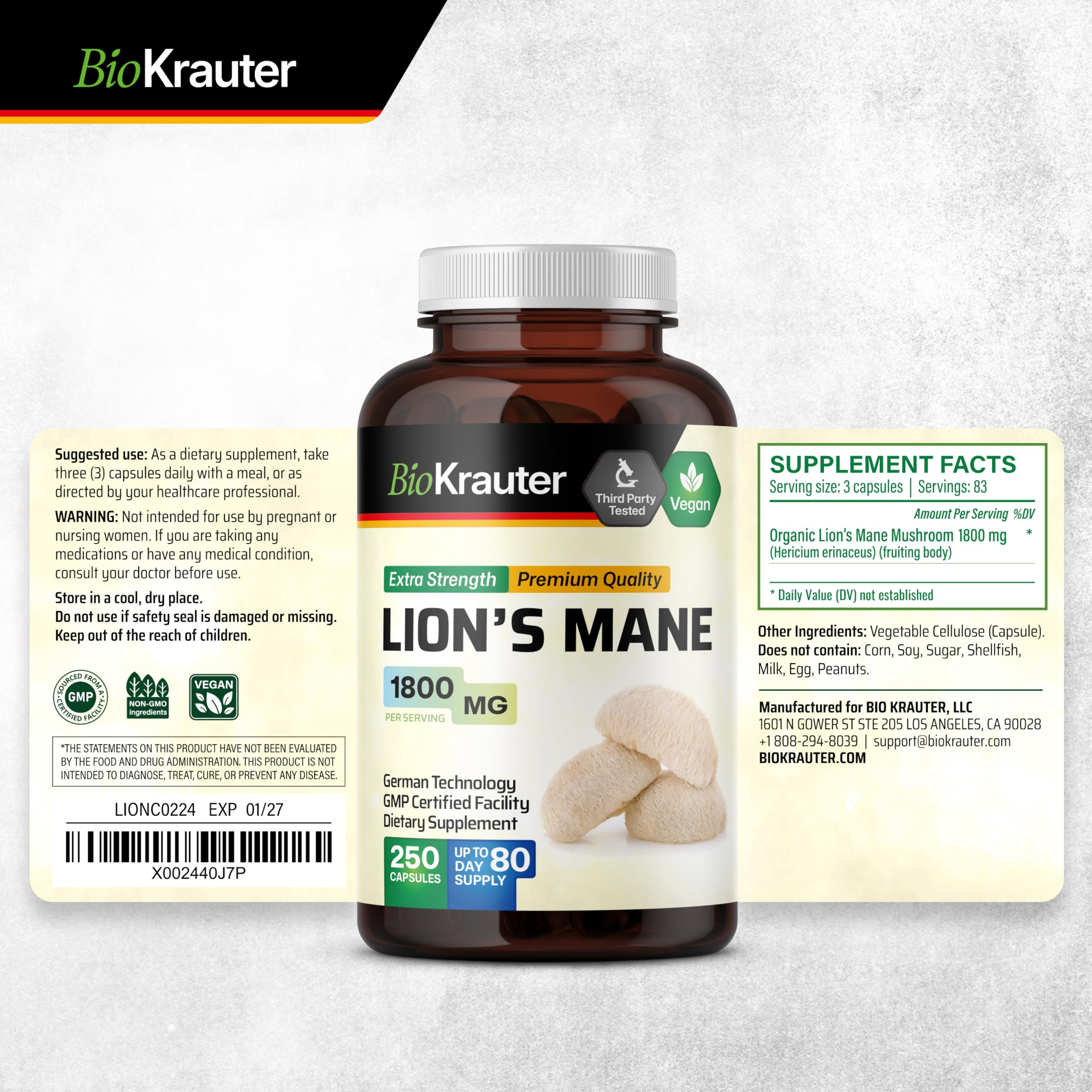 BIO KRAUTER Lions Mane, 83 jours d’approvisionnement pratique à emporter