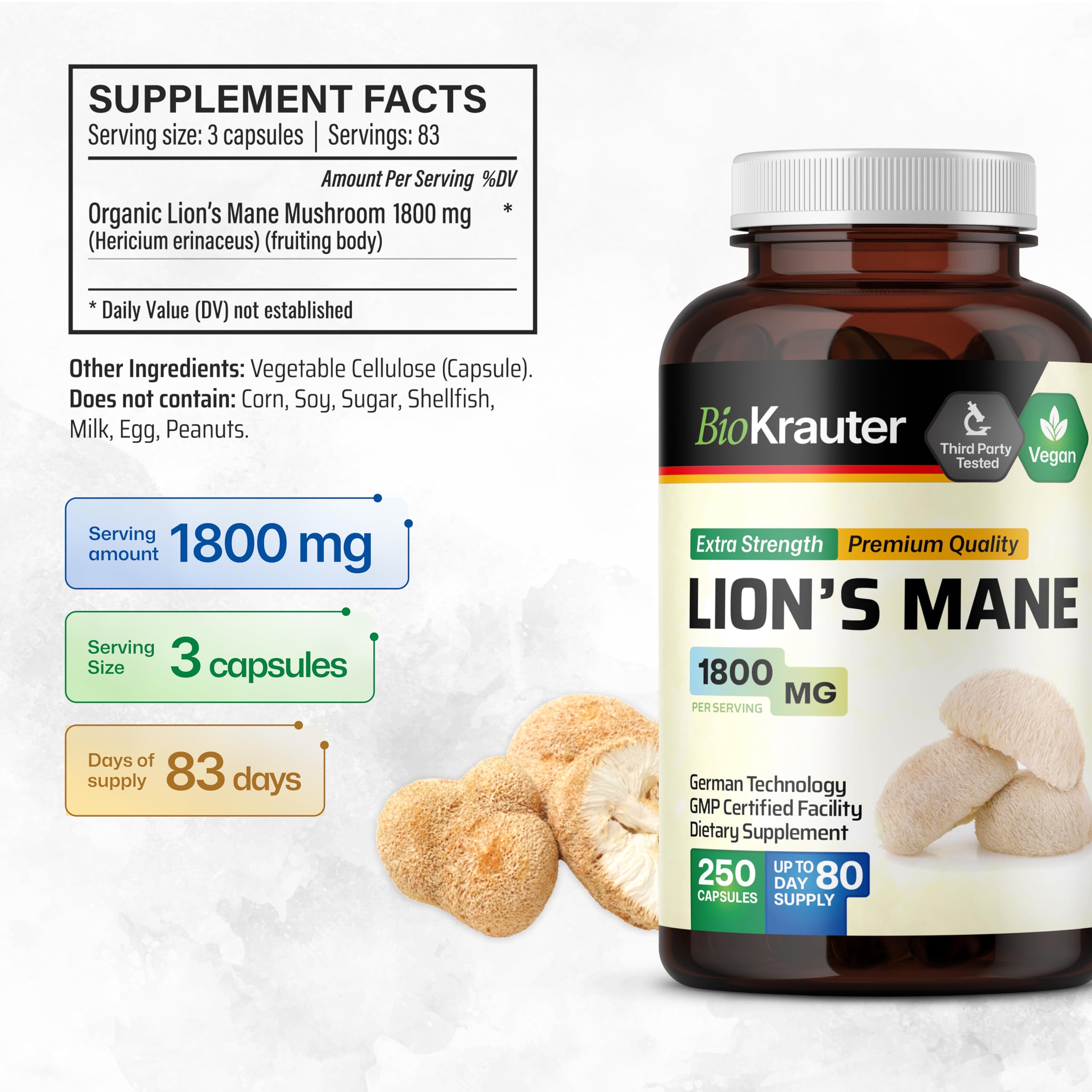 BIO KRAUTER Lions Mane, extrait végétal sans OGM pour une approche naturelle