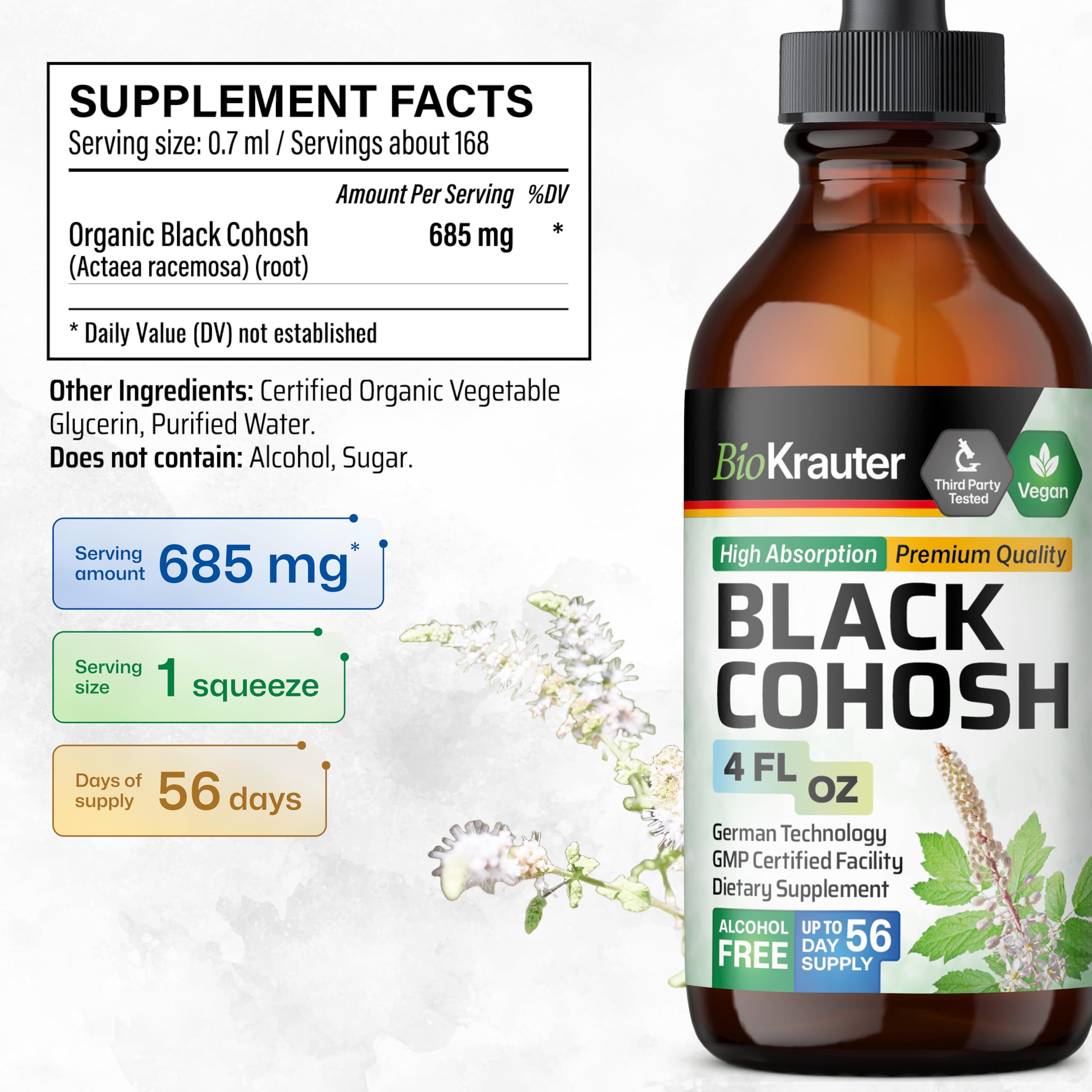 BIO KRAUTER cohosh noir en gros plan—ingrédients clés pour le soutien féminin.