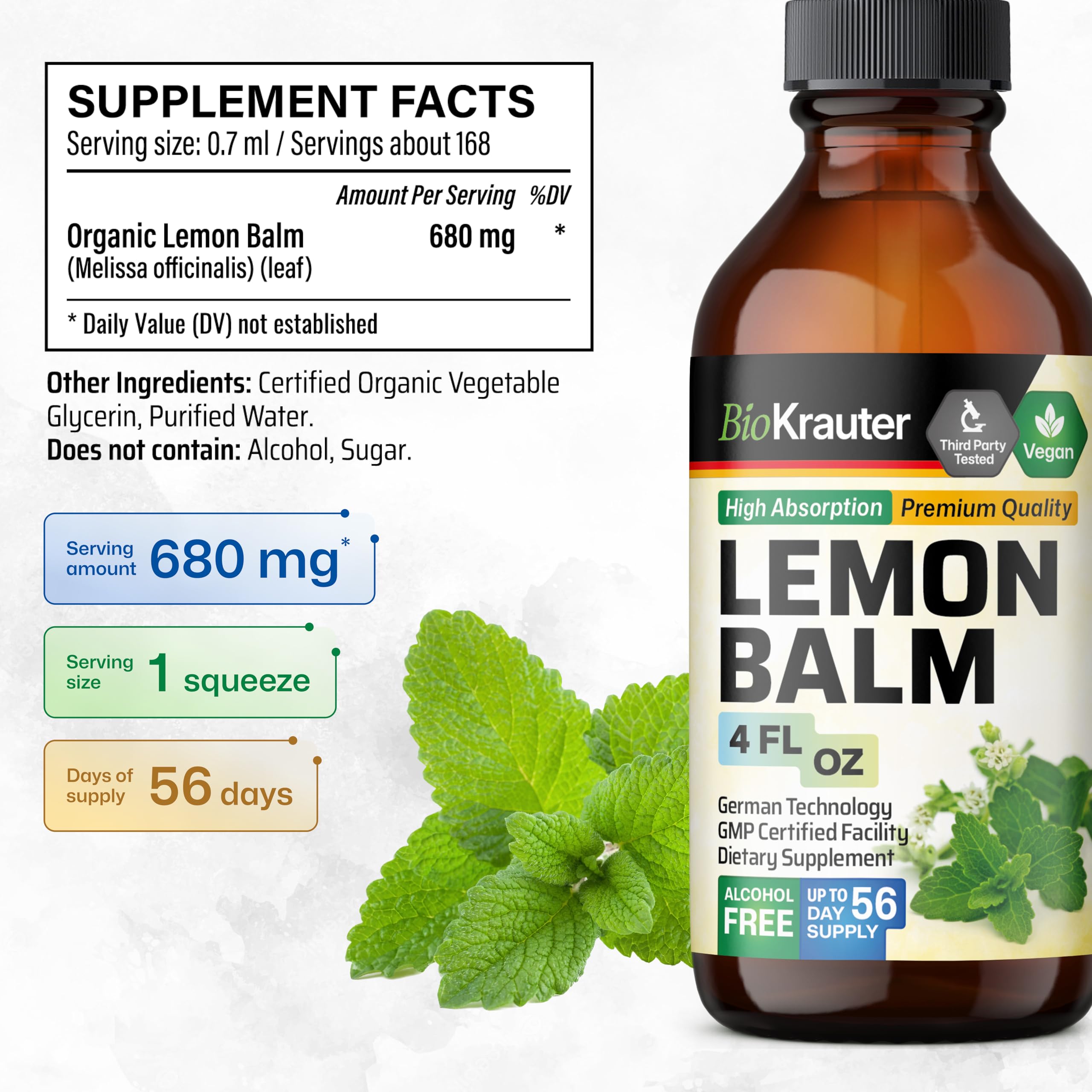 Étiquette BIO KRAUTER Mélisse Drops affichant ingrédients simples et sans alcool