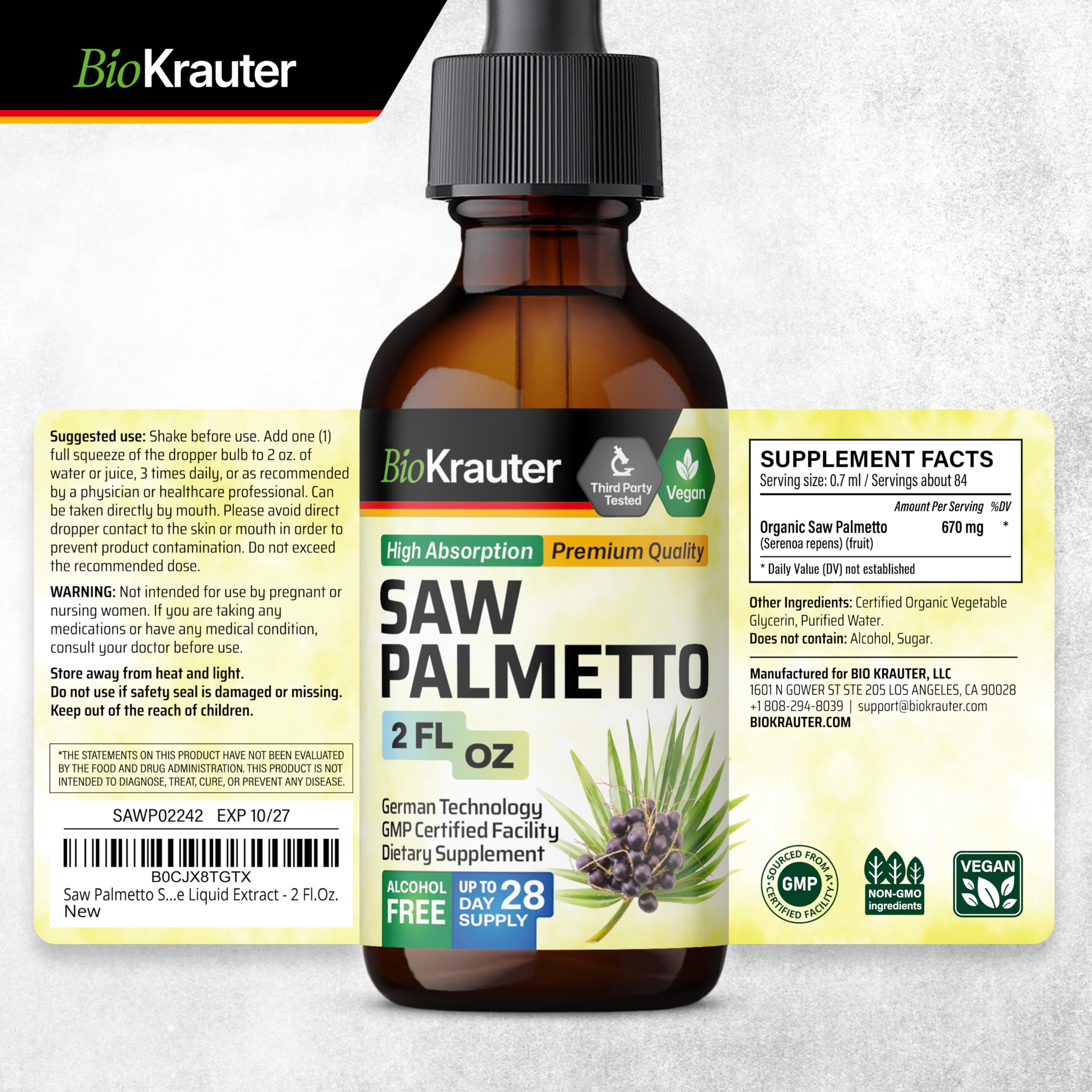 Fabrication américaine de BIO KRAUTER Saw Palmetto avec ingrédients sourcés mondialement