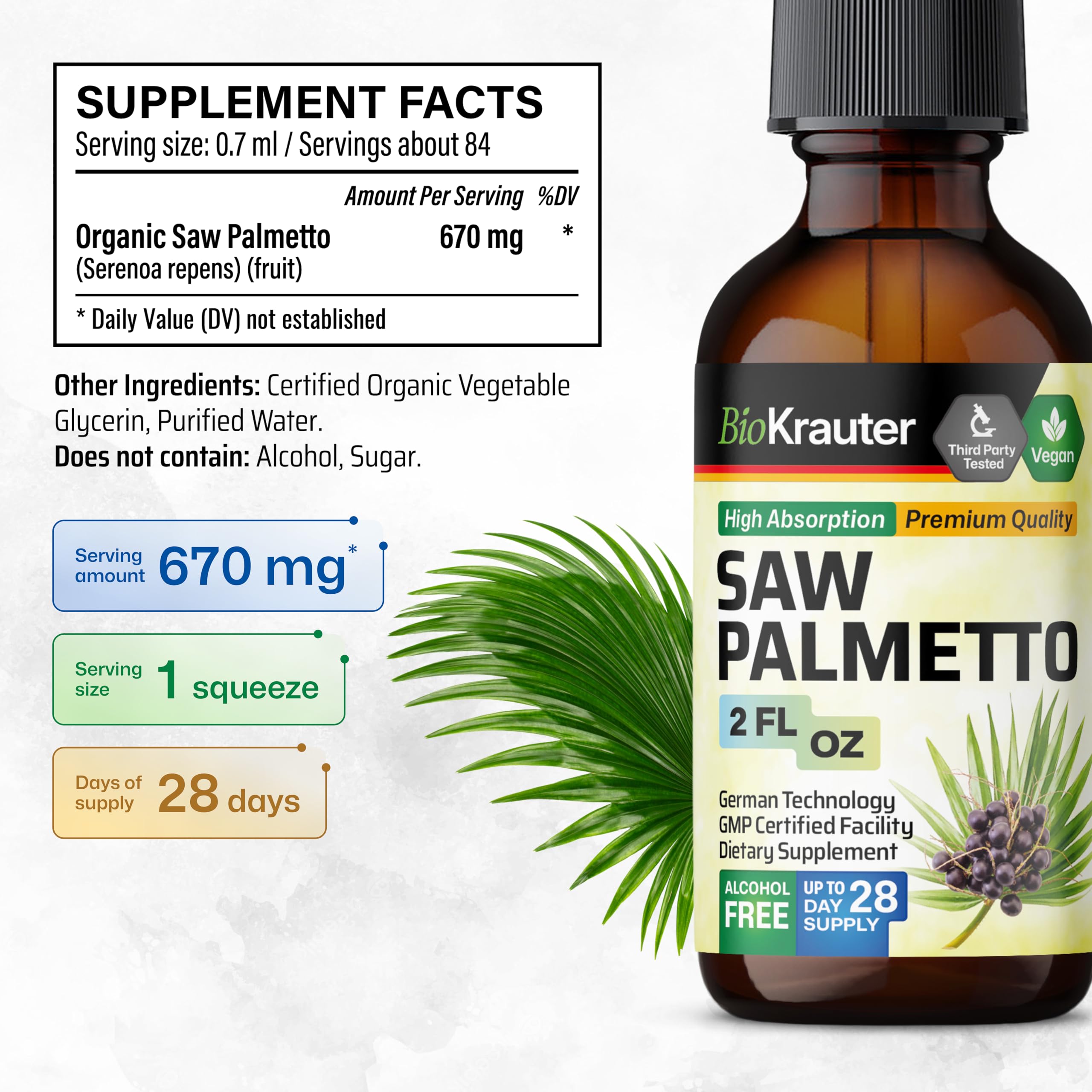 Formule végan sans alcool BIO KRAUTER Saw Palmetto adaptée à divers styles de vie