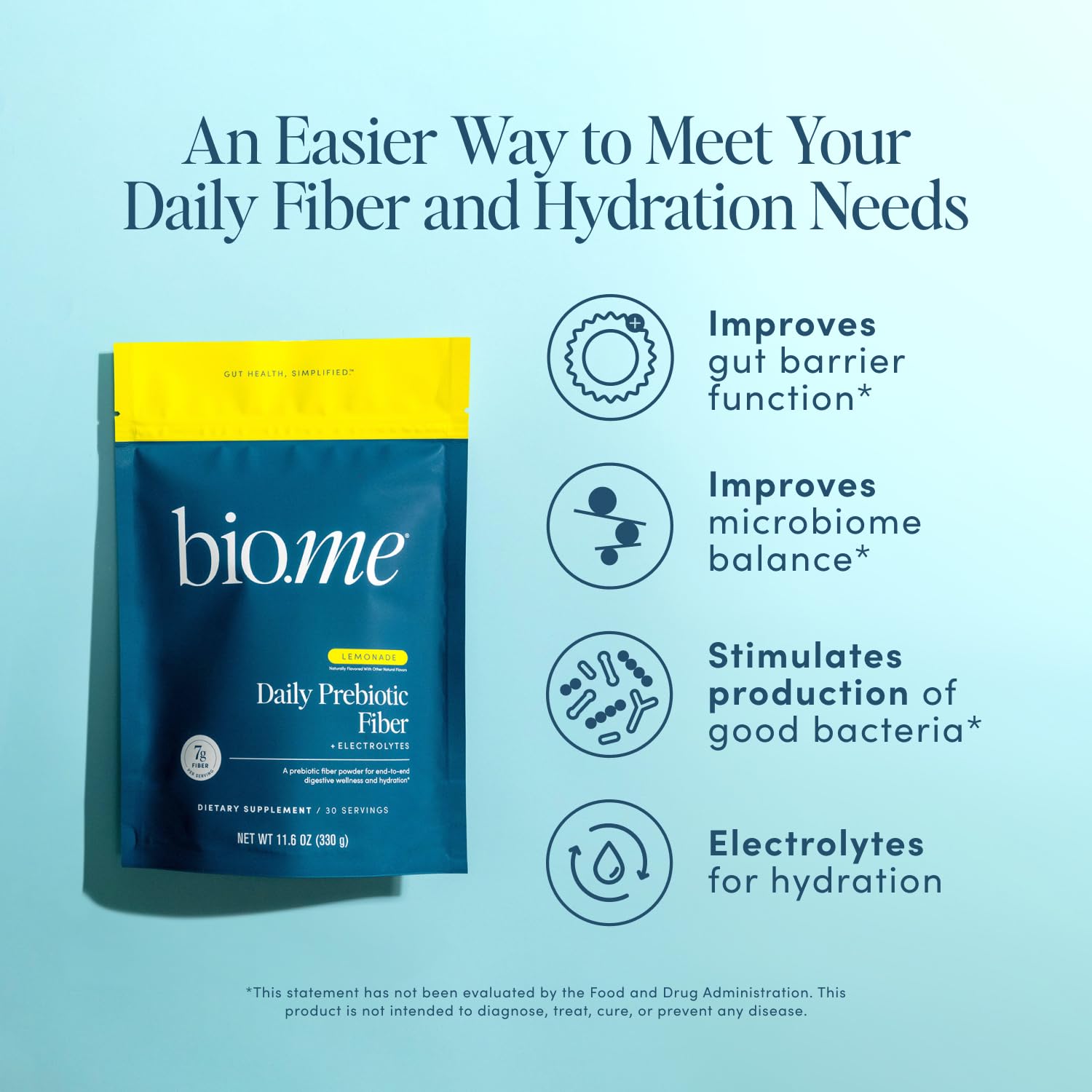 Bio.me fibres prébiotiques citronnade en poudre, mélange rapide dans l'eau.