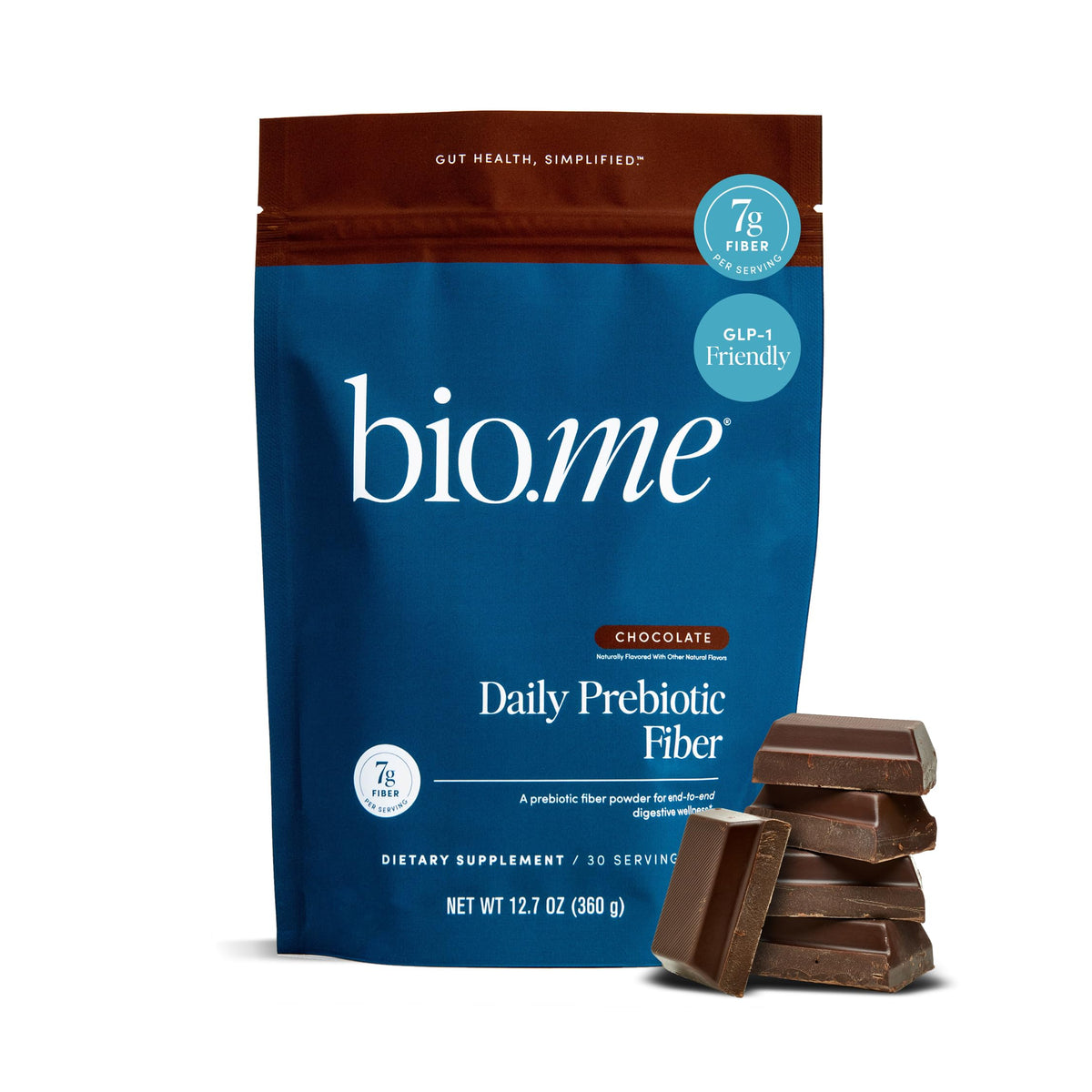 Bio.me Poudre prébiotique chocolat dans boîte et sachet, usage quotidien