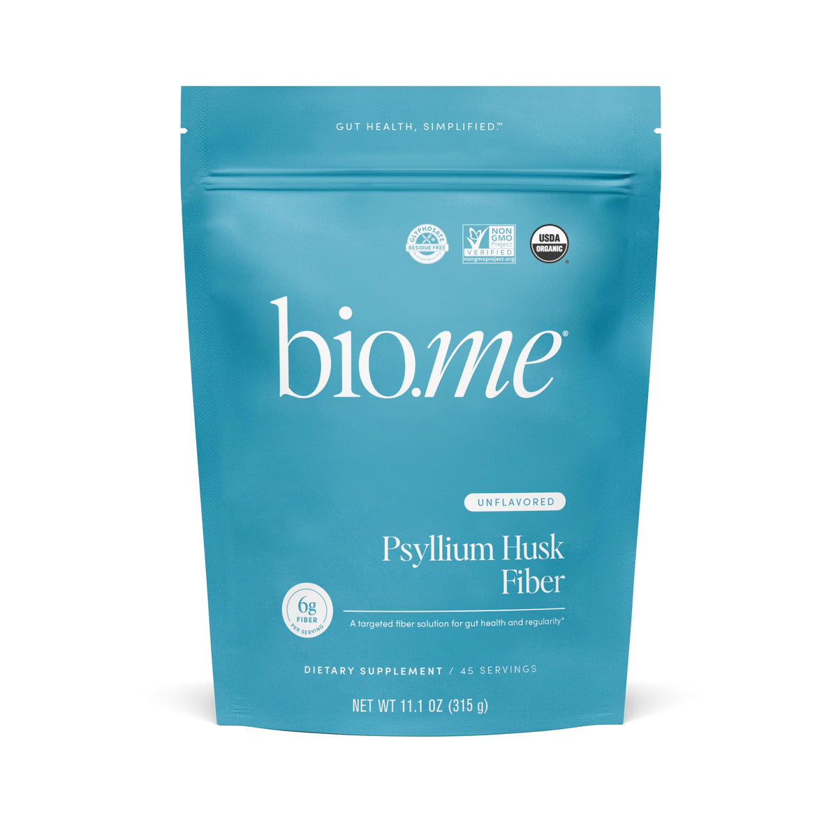 Bio.me Psyllium non parfumée, poudre fine prête à dissoudre dans une boisson.