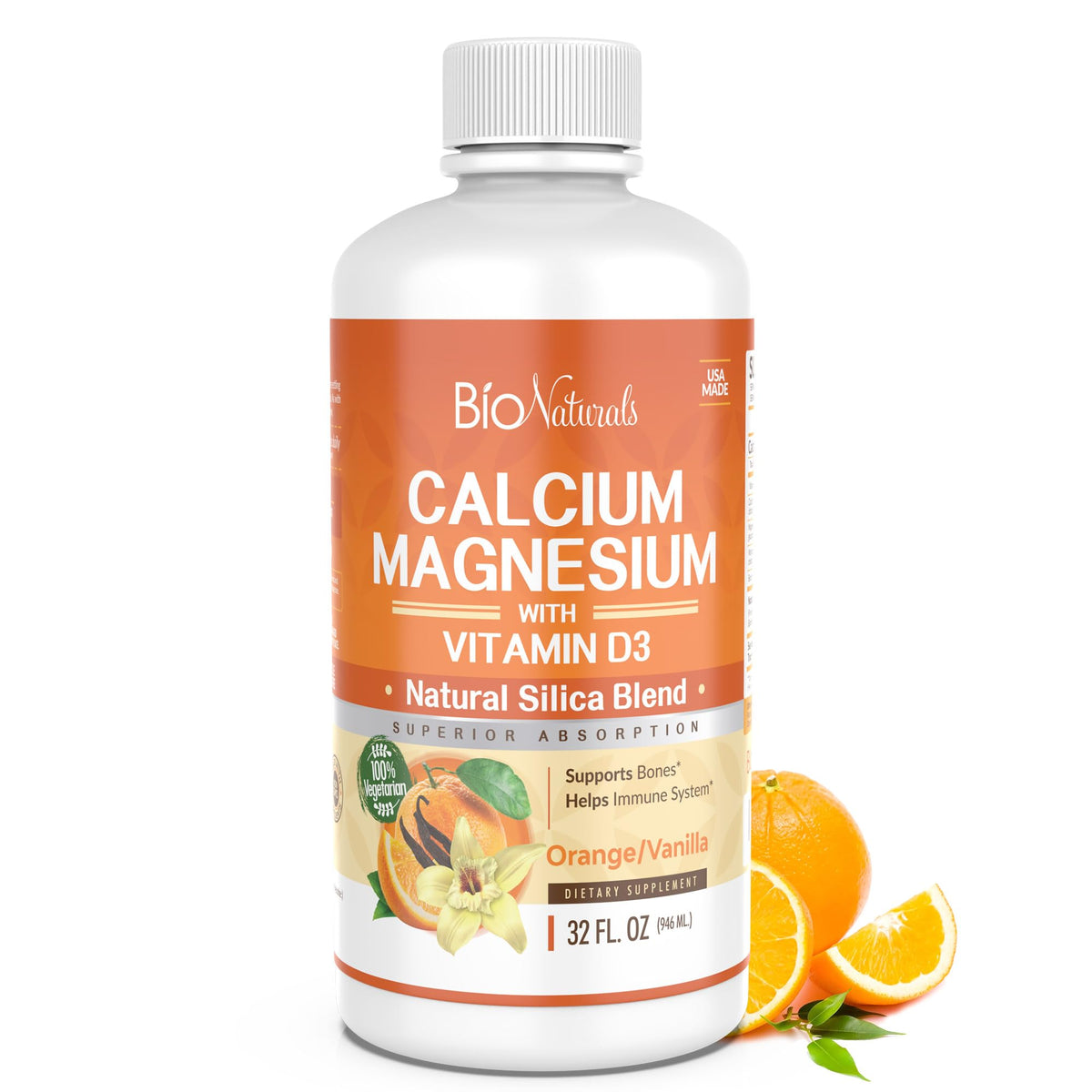 Bio Naturals Calcium et Magnésium Liquide avec D3, bouteille prête à l’emploi; absorption élevée.