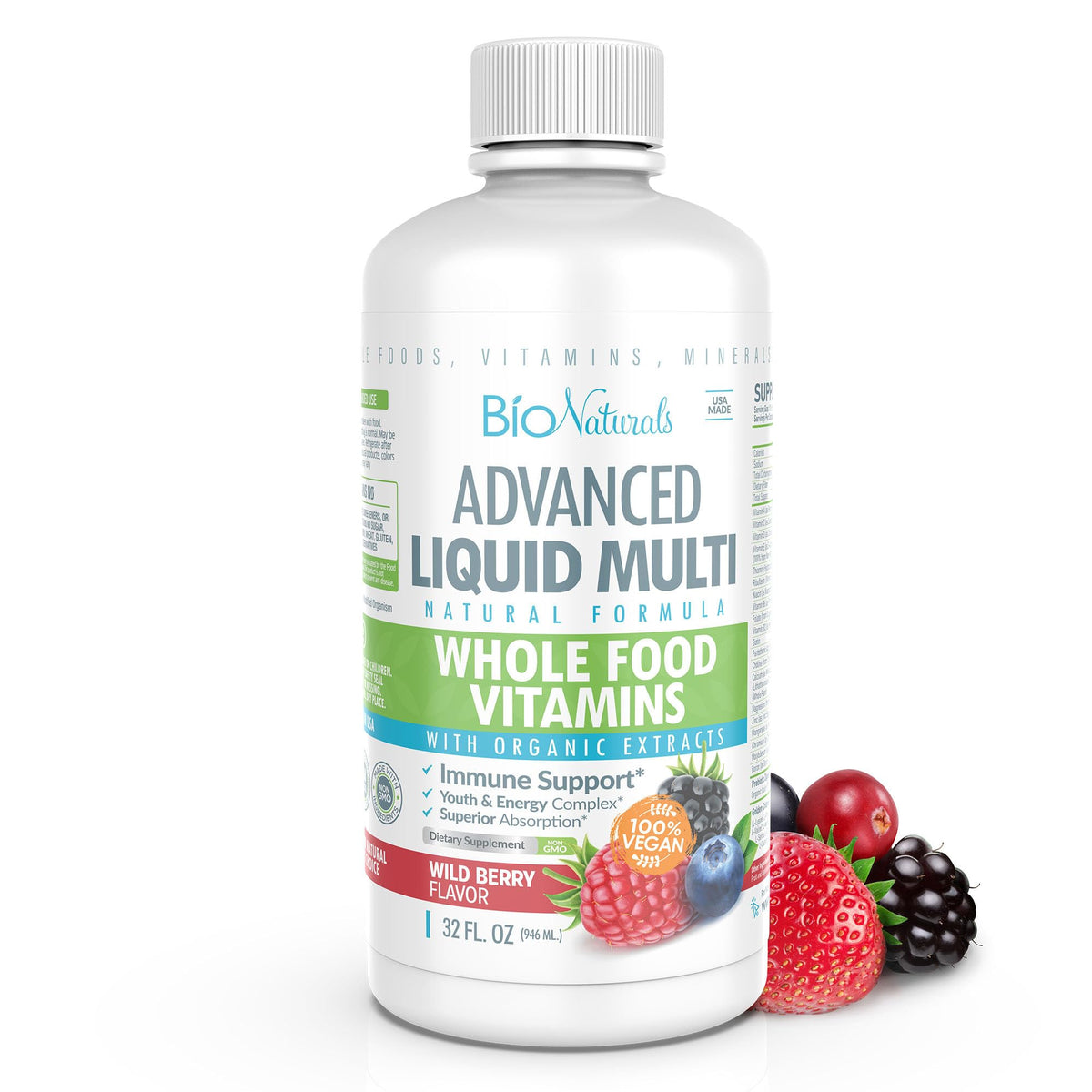 Bio Naturals Multivitamine liquide en bouteille, soutien énergie et équilibre nutritionnel.