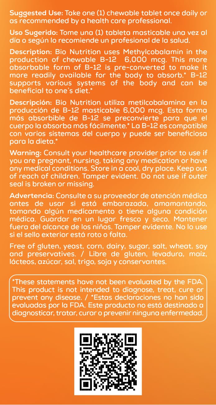 Bio Nutrition B-12 sublingual – dosage pratique en 50 portions.