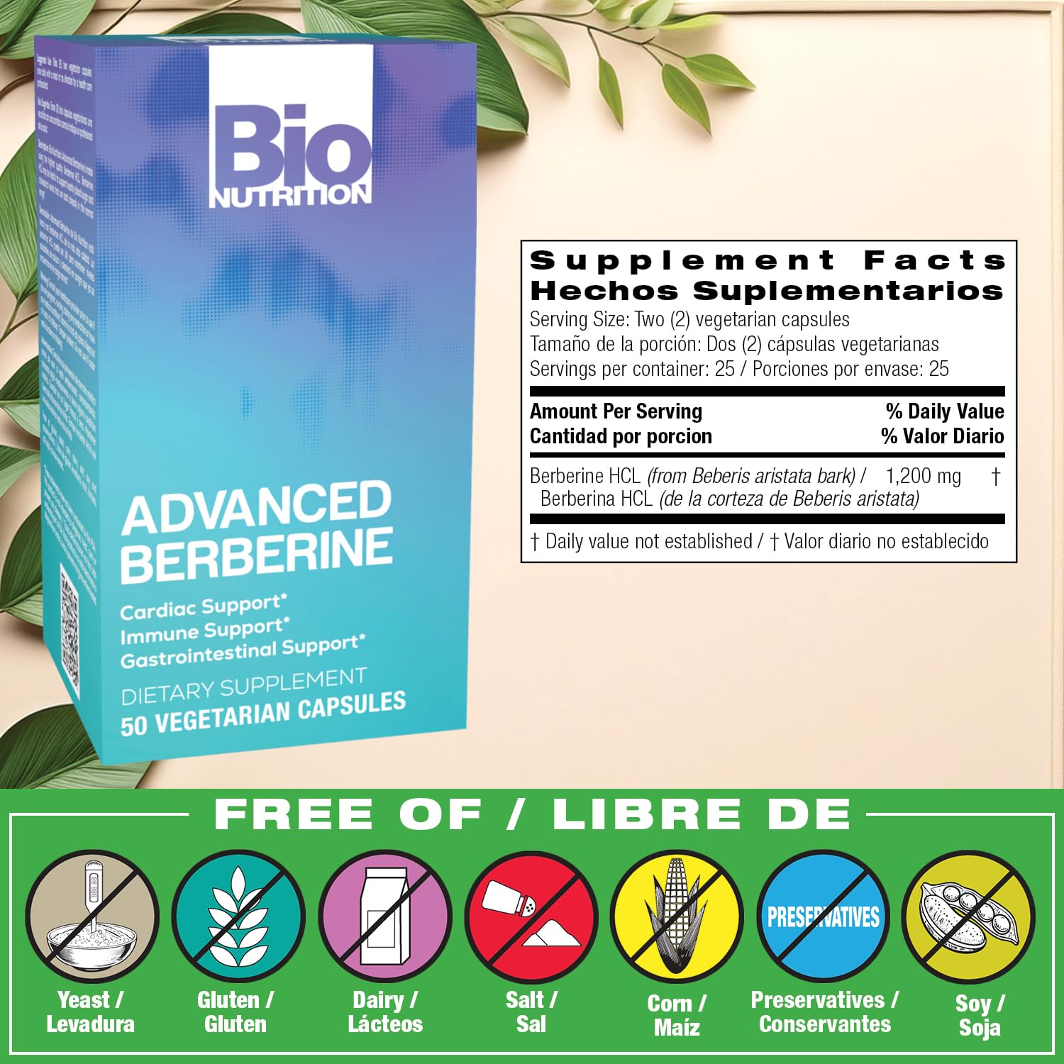 Bio Nutrition Berberine – étiquette claire affichant le total de 1 200 mg.