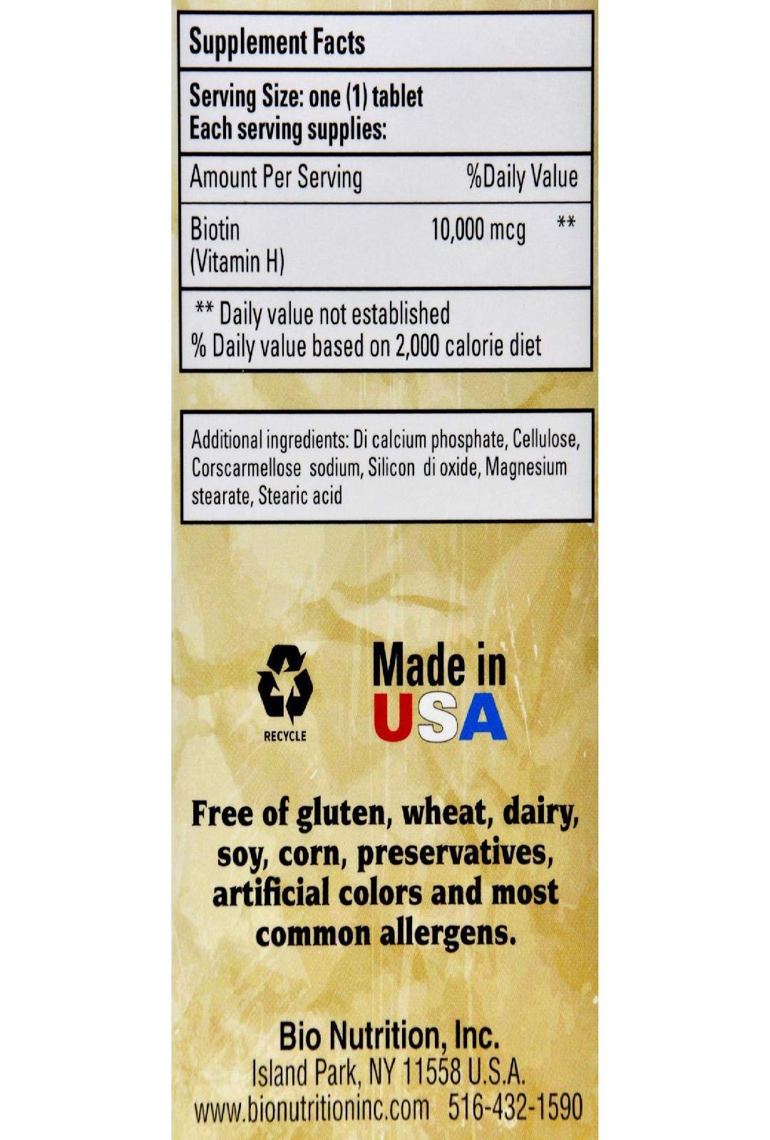 Bio Nutrition Biotine 10000µg - étiquette du flacon, claire et fiable pour référence rapide.