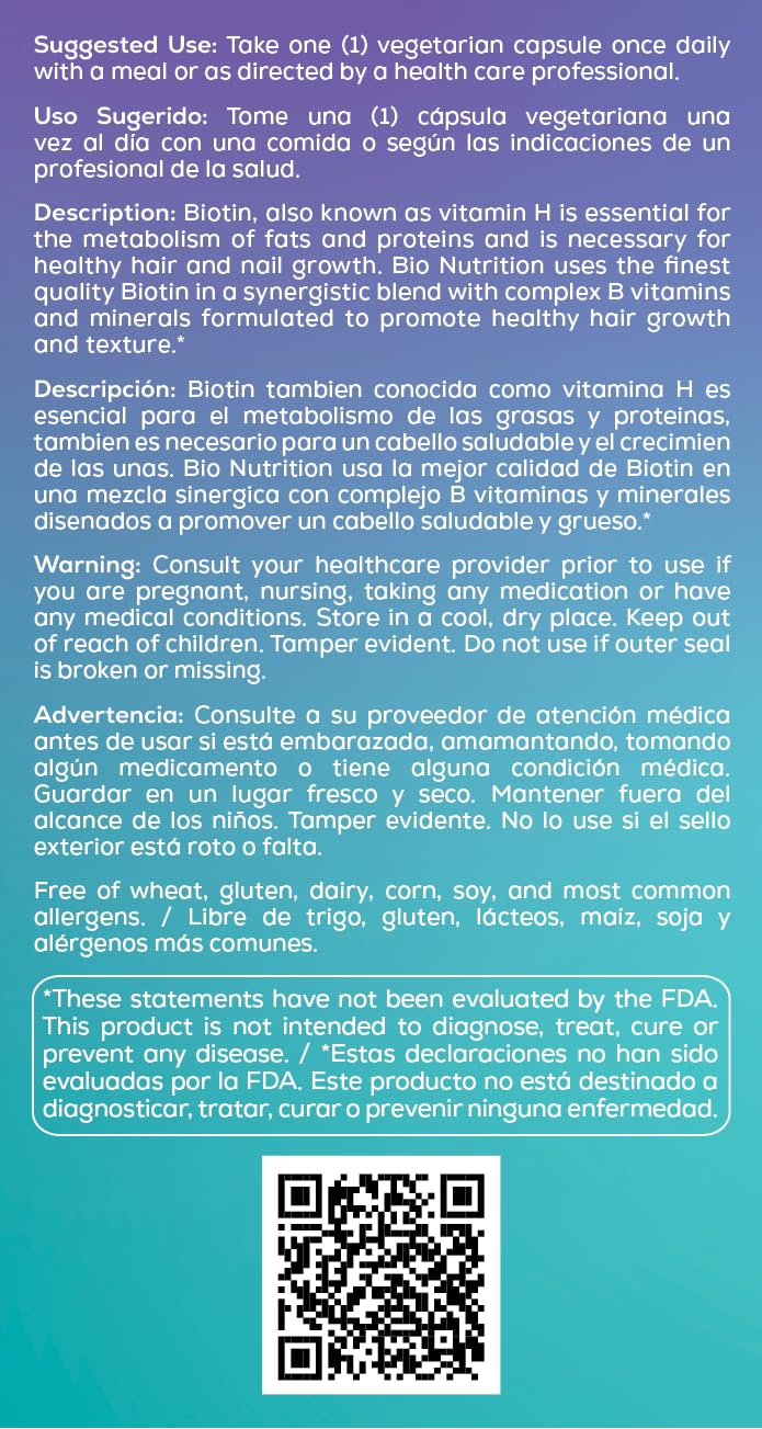 Bio Nutrition Biotine Vegi-Caps : emballage et boîte adaptés à une utilisation quotidienne.