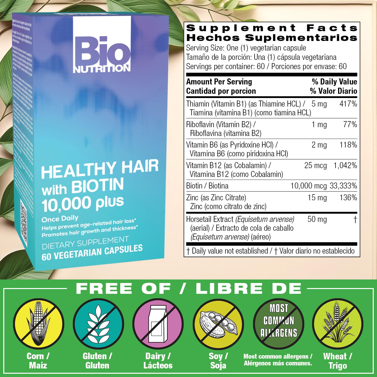 Biotine Vegi-Caps de Bio Nutrition : étiquette lisible et gélules prêtes à l'emploi.