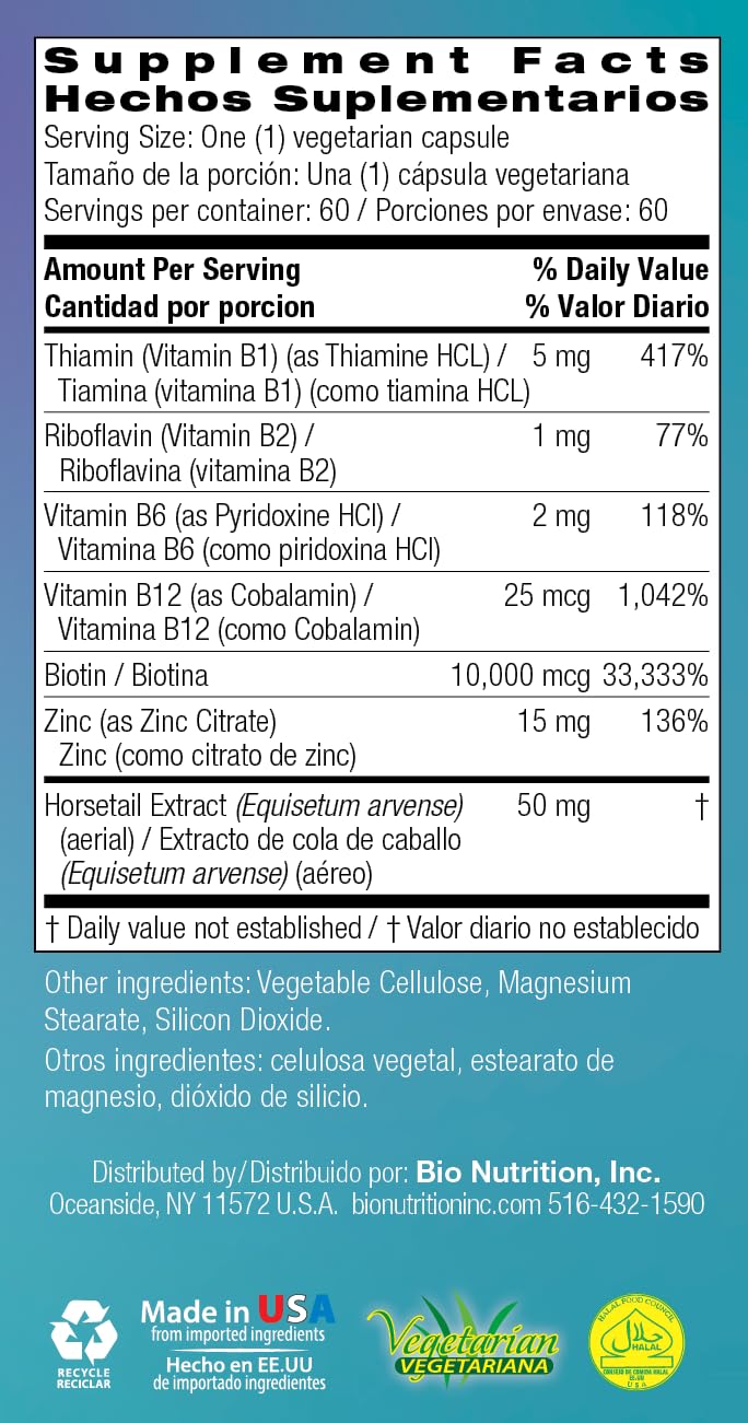 Bio Nutrition Biotine Vegi-Caps : dose quotidienne près de l'assiette, soutien potentiel aux cheveux.