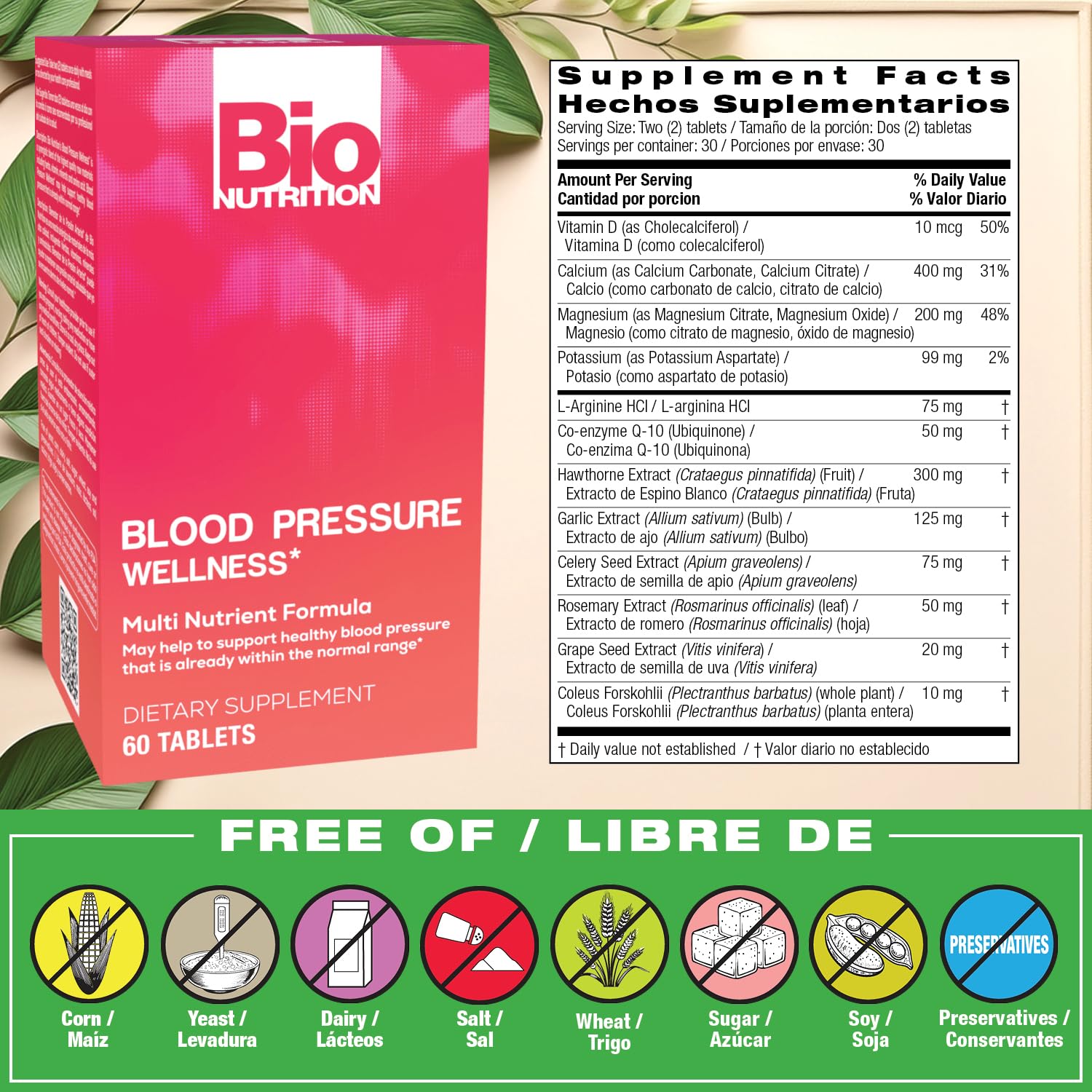 Bio Nutrition Blood Pressure Wellness Tabs – comprimés faciles à avaler pour la routine quotidienne.