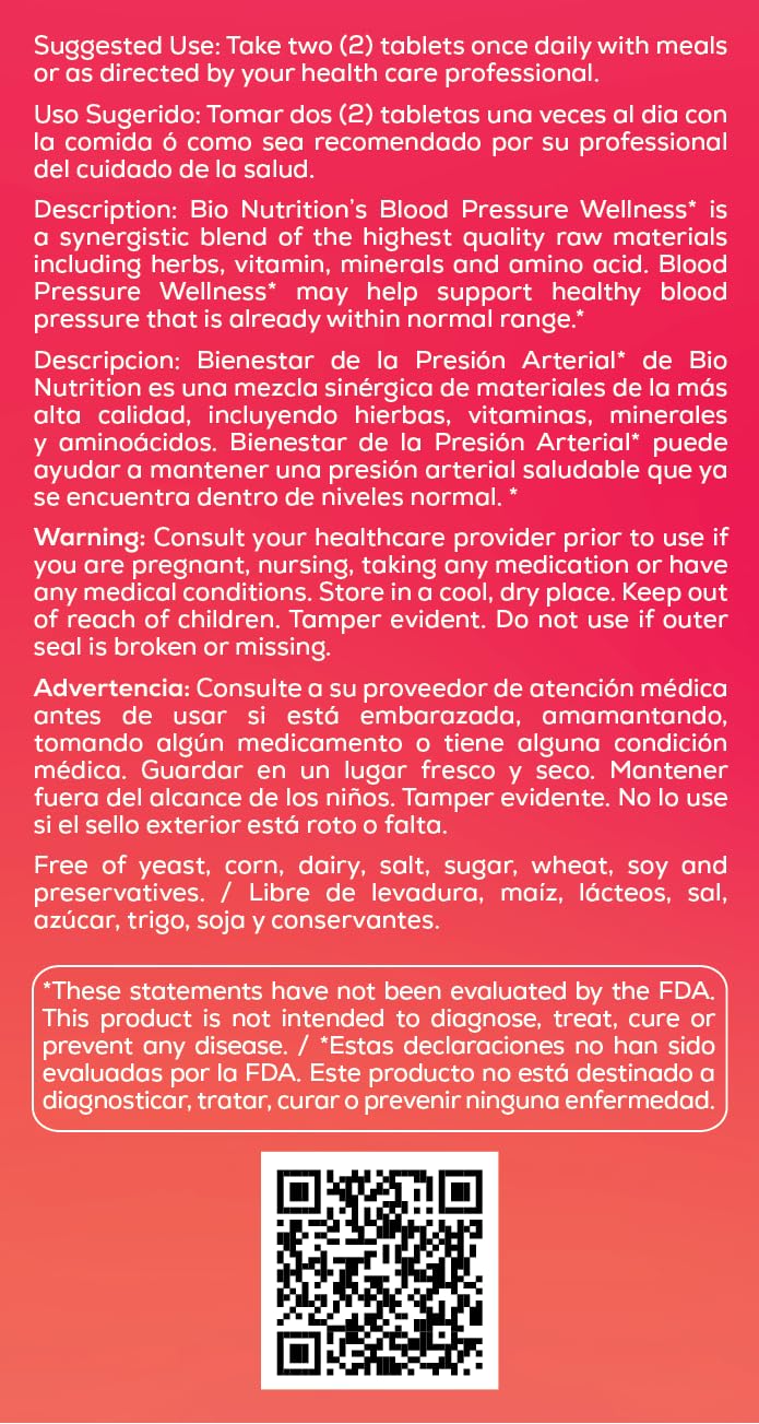 Bio Nutrition Blood Pressure Wellness Tabs – prise quotidienne simple avec un verre d'eau.
