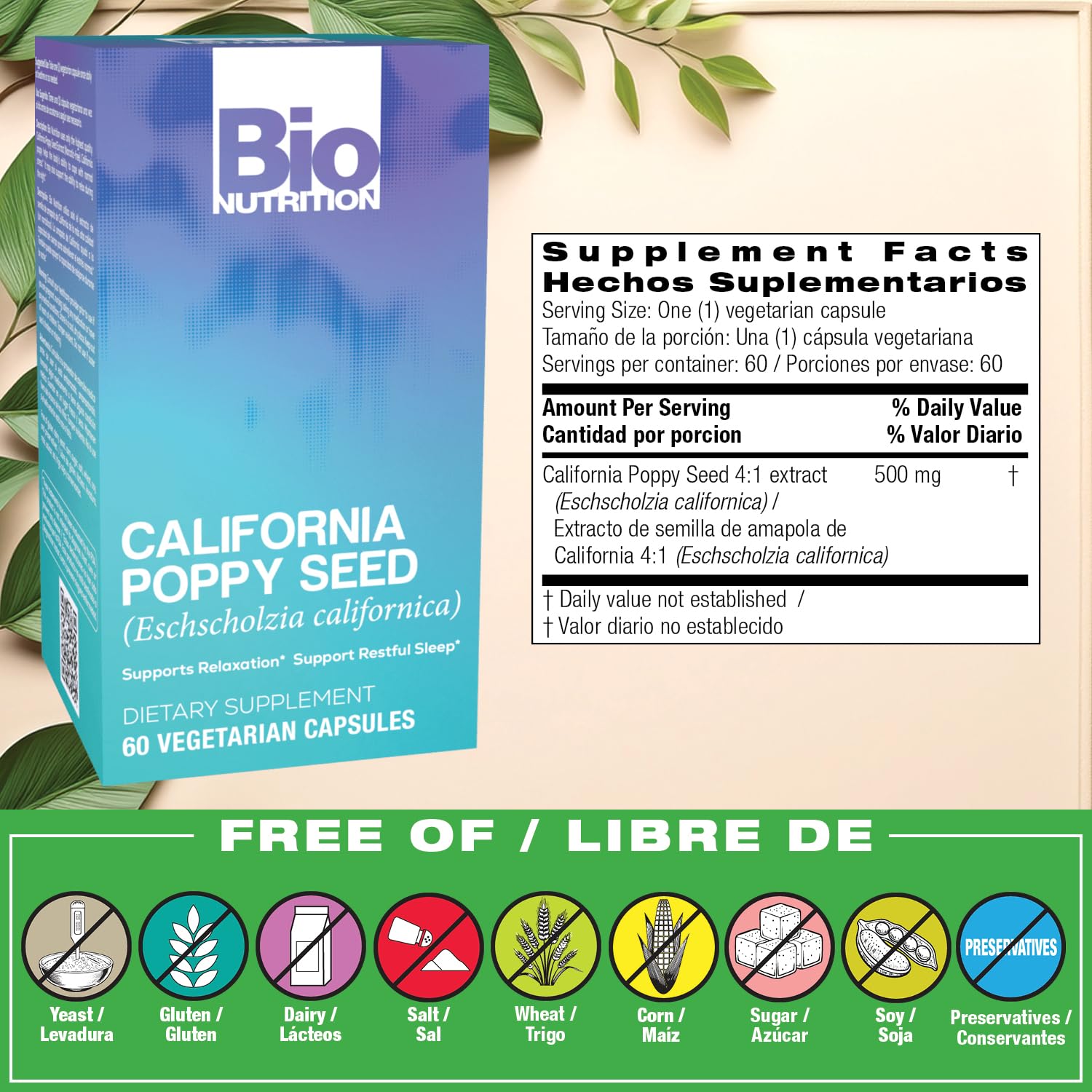 Bio Nutrition California Poppy Vegi-Caps capsules – format pratique pour le quotidien.