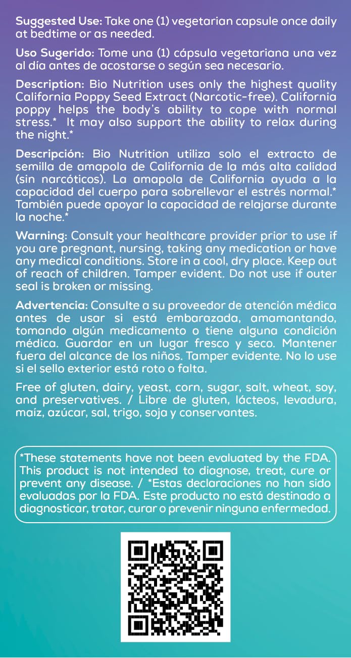 Bio Nutrition California Poppy Vegi-Caps ensemble flacon et boite – utilisation simple.