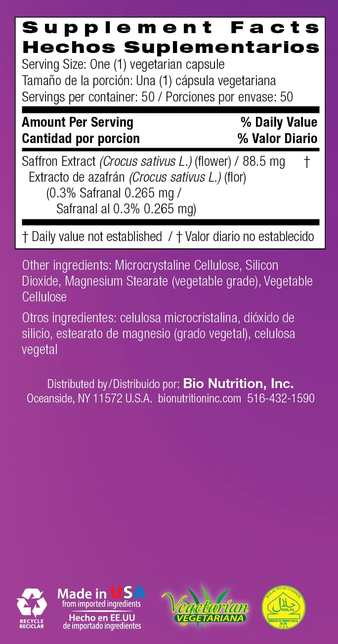 Bio Nutrition Gélules safran : 88,5 mg d’extrait par gélule, usage quotidien pratique.