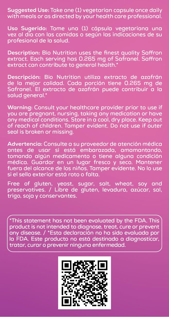 Bio Nutrition Extrait standardisé de safran à 0,3% safranal, profil aromatique constant.