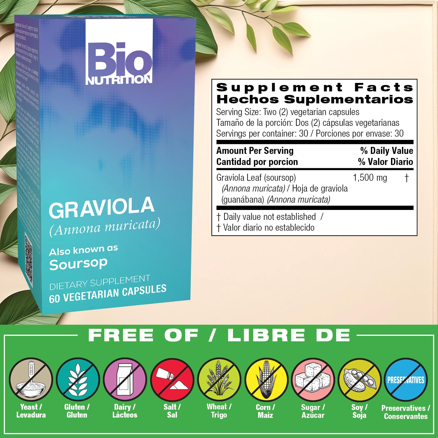 Graviola Bio Nutrition: étiquette-produit claire garantissant l origine végétarienne et sans gluten.