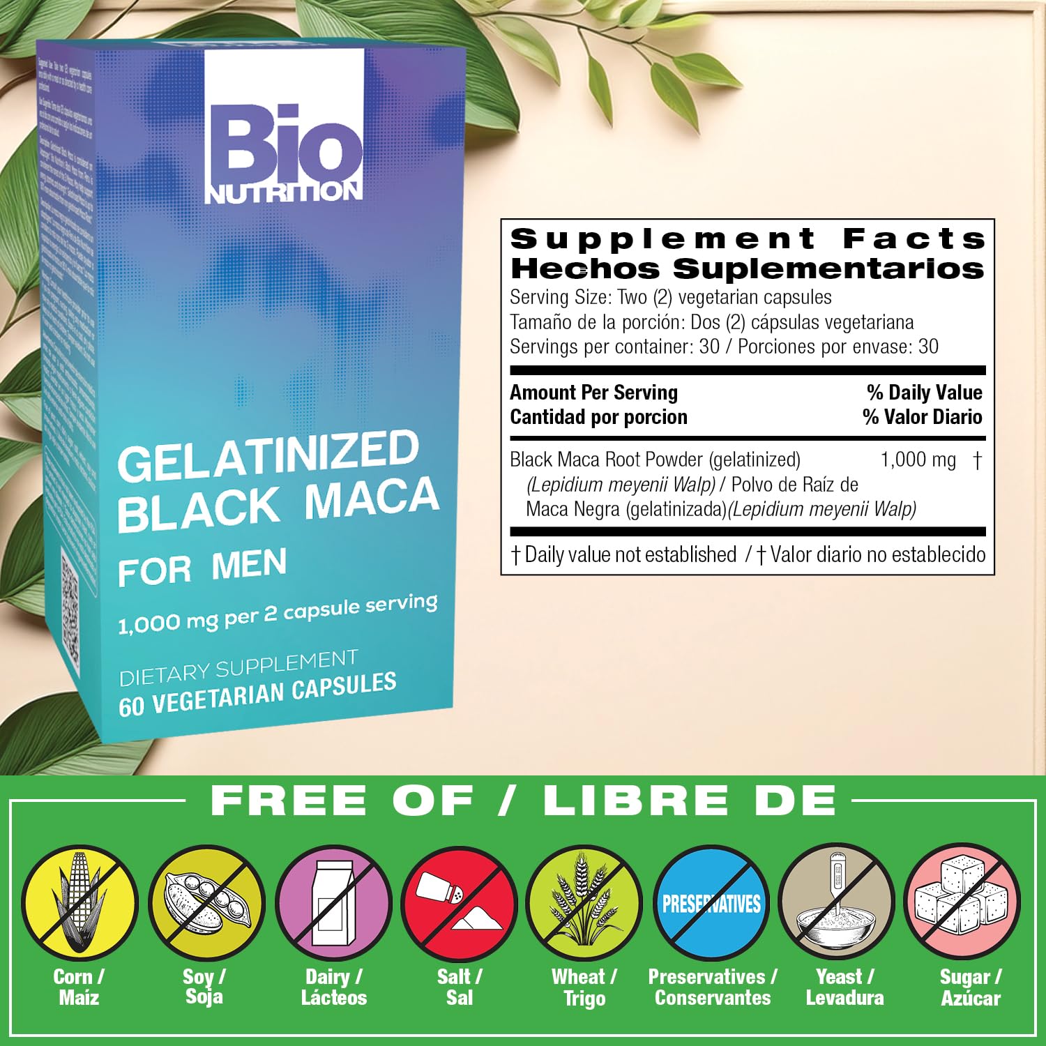 Bio Nutrition Maca Noire gelatinisee, gélules visibles, pour énergie soutenue et endurance au quotidien.