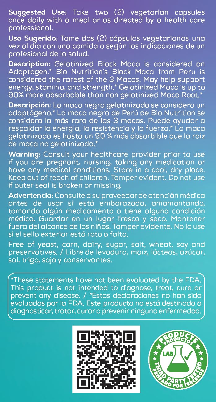 Bio Nutrition Maca Noire gelatinisee, emballage mis en avant, référence à l'adaptogène naturel.