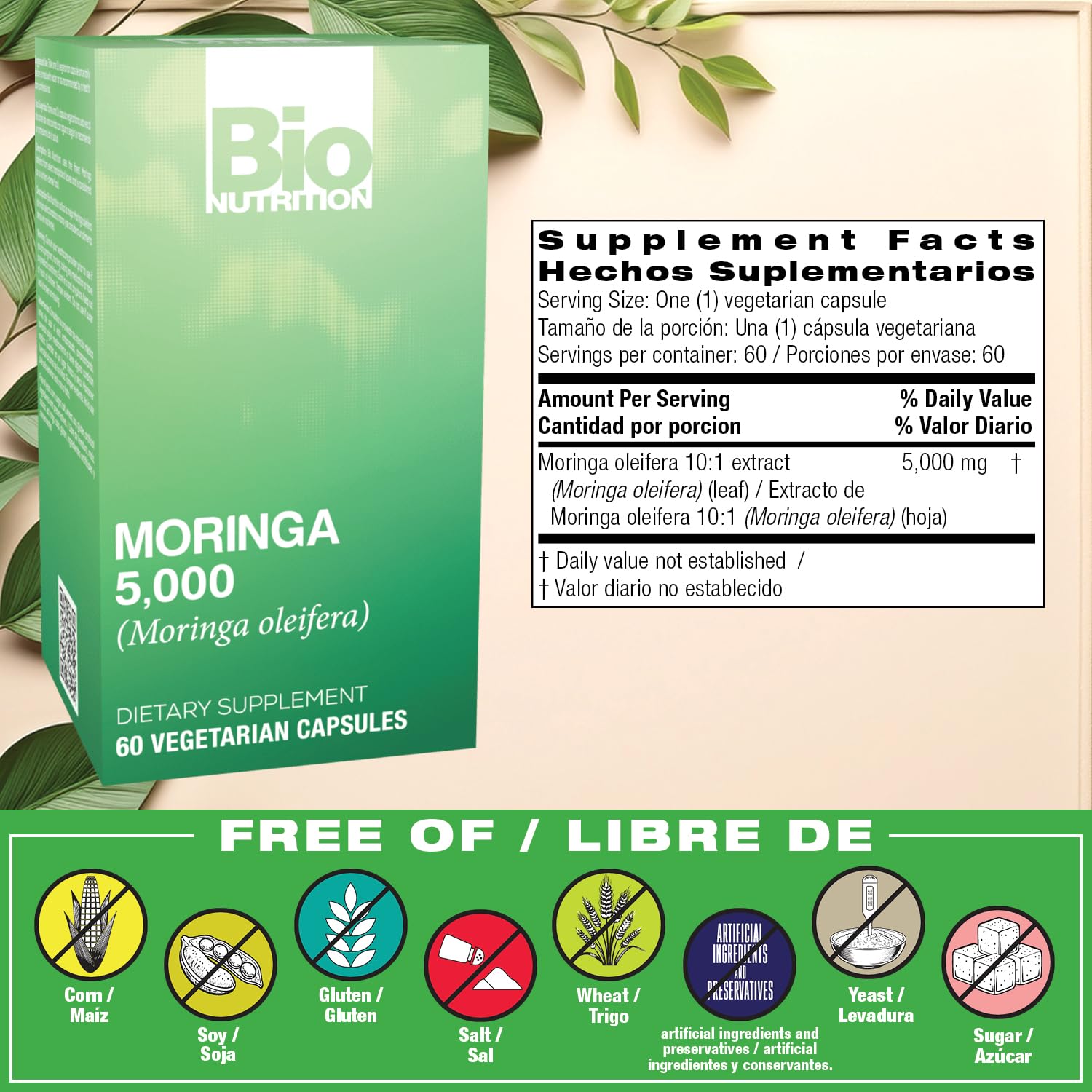 Bio Nutrition Moringa – bouteille 60 capsules, format quotidien facile à prendre.