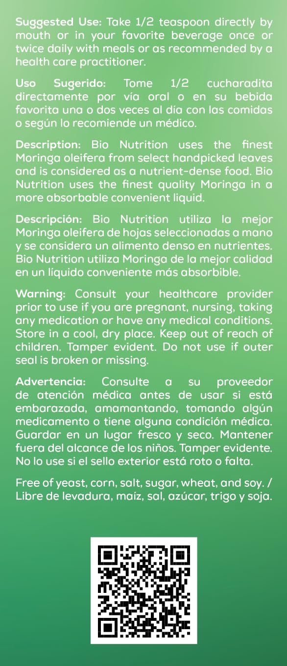 Bio Nutrition Moringa Liquid, bouteille sur table prête à l'utilisation au quotidien.