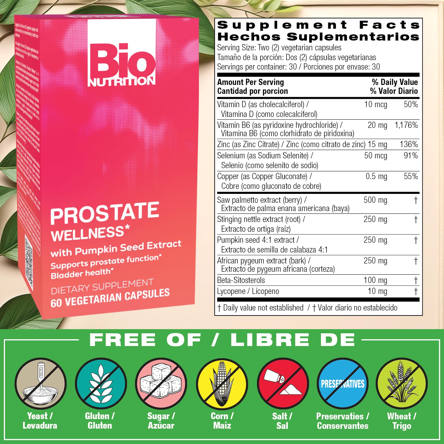 Bio Nutrition Prostate Wellness – gelules courge-extrait, ingrédients naturels pour le bien-être
