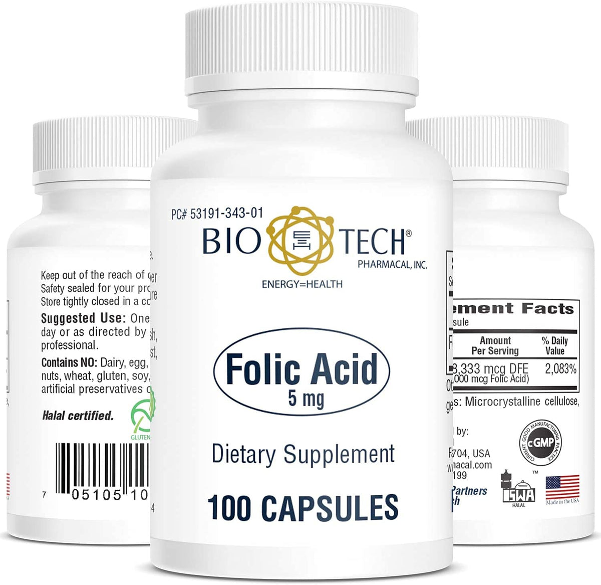 Bio-Tech Pharmacal Acide folique 5 mg – bouteille montrée, soutien potentiel au cœur et au système nerveux.