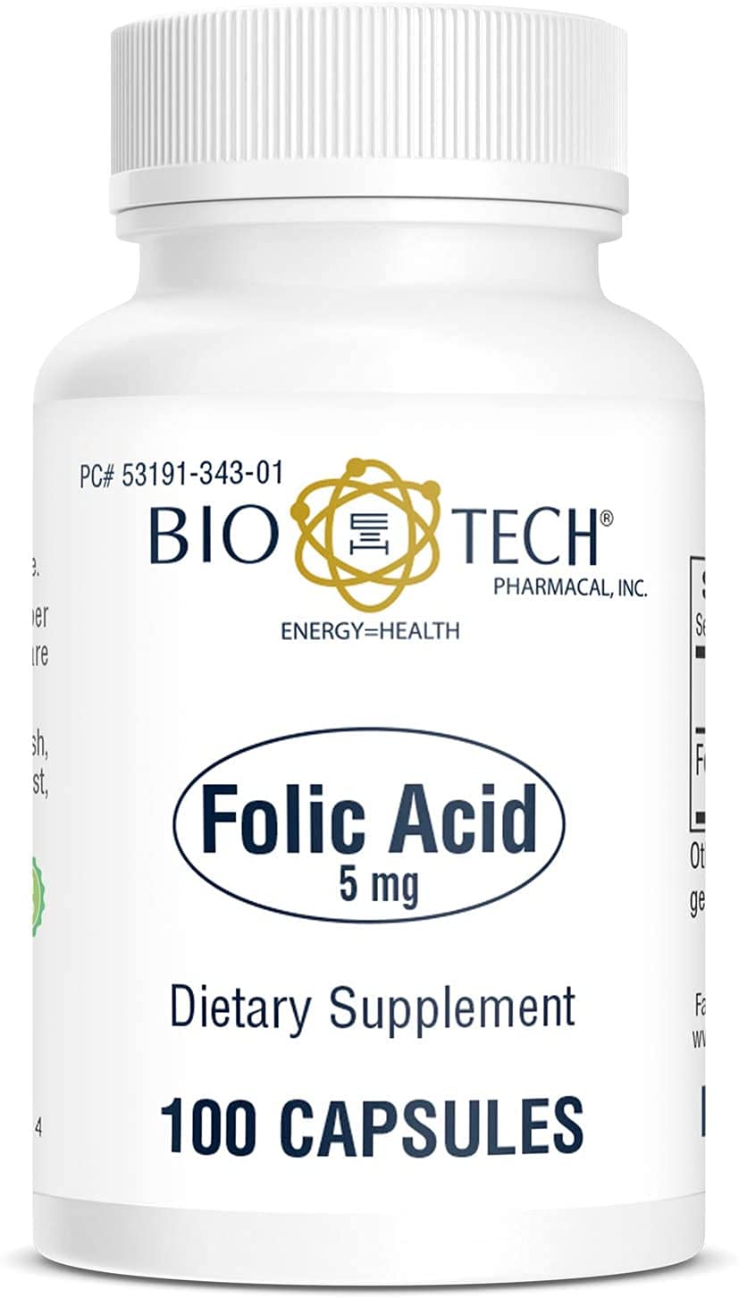 Bio-Tech Pharmacal Acide folique 5 mg – capsules visibles, méthode naturelle pour le bien-être quotidien.