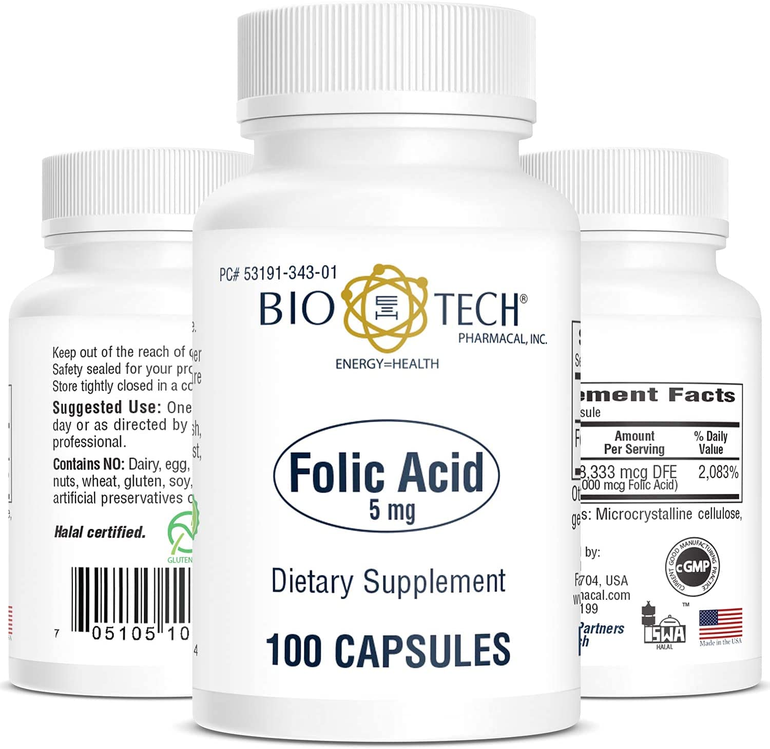 Bio-Tech Pharmacal Acide folique 5 mg – dose unique, prise simple au quotidien.