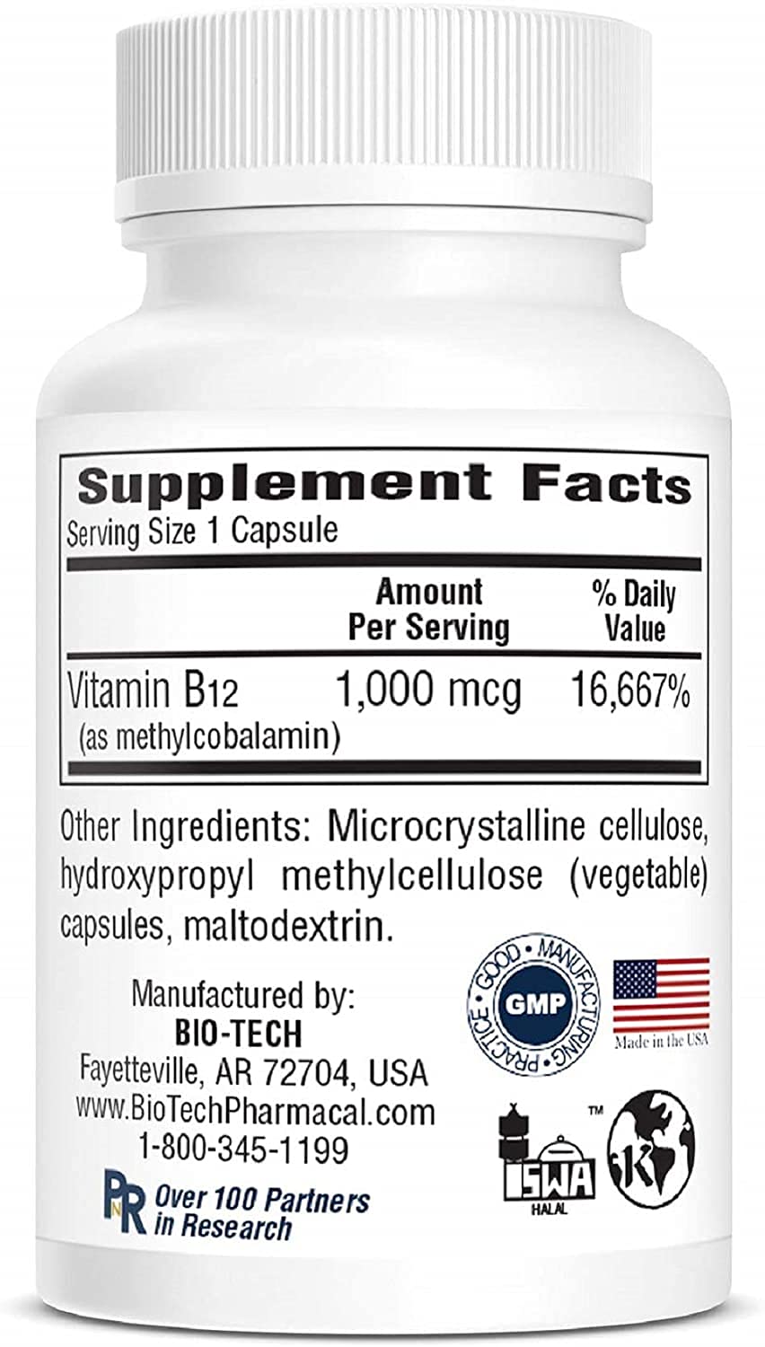 Bio-Tech Pharmacal B12 Méthylcobalamine – emballage pratique pour le rangement.