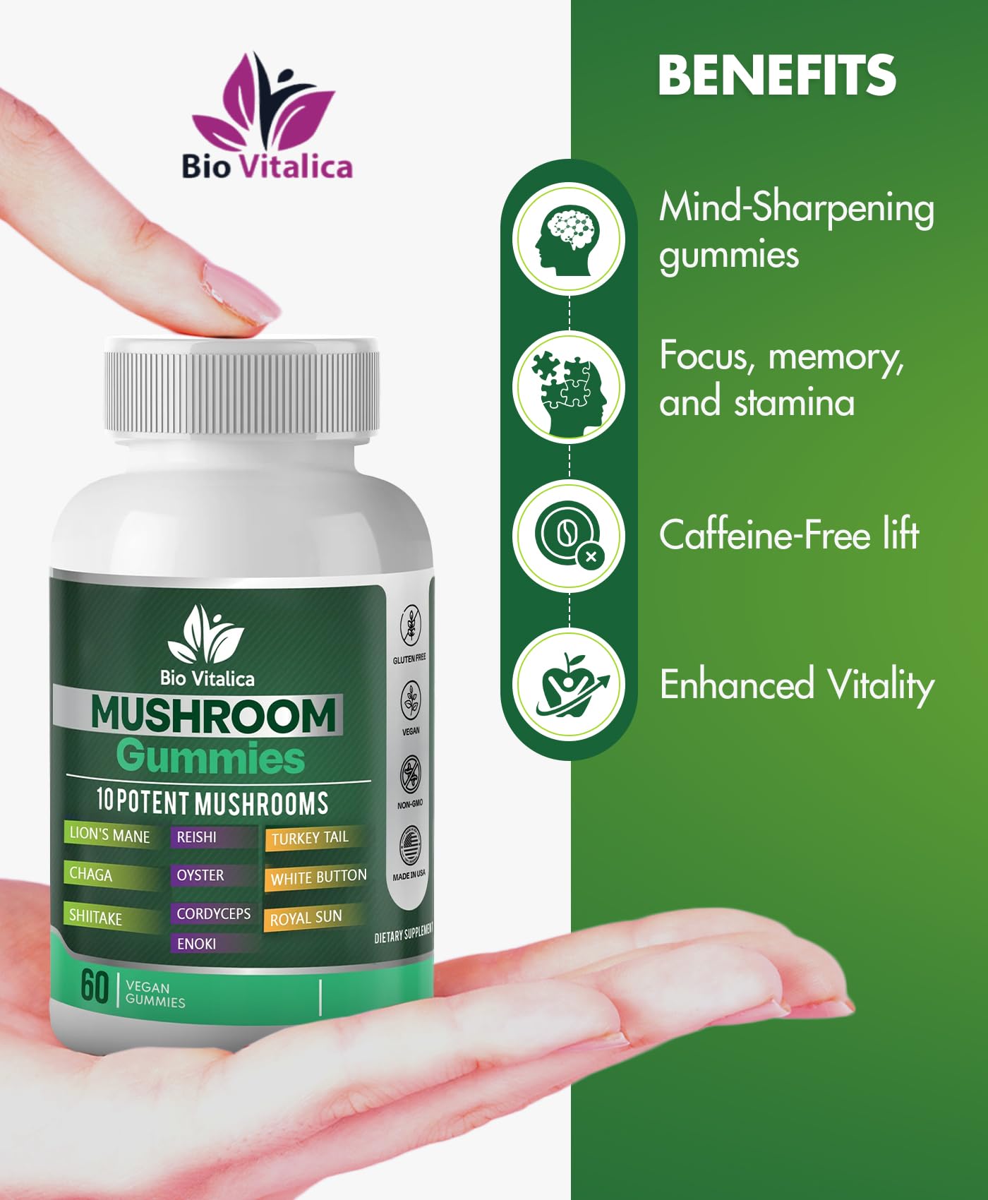 Ingrédients naturels BIO VITALICA et mélange 10 champignons.
