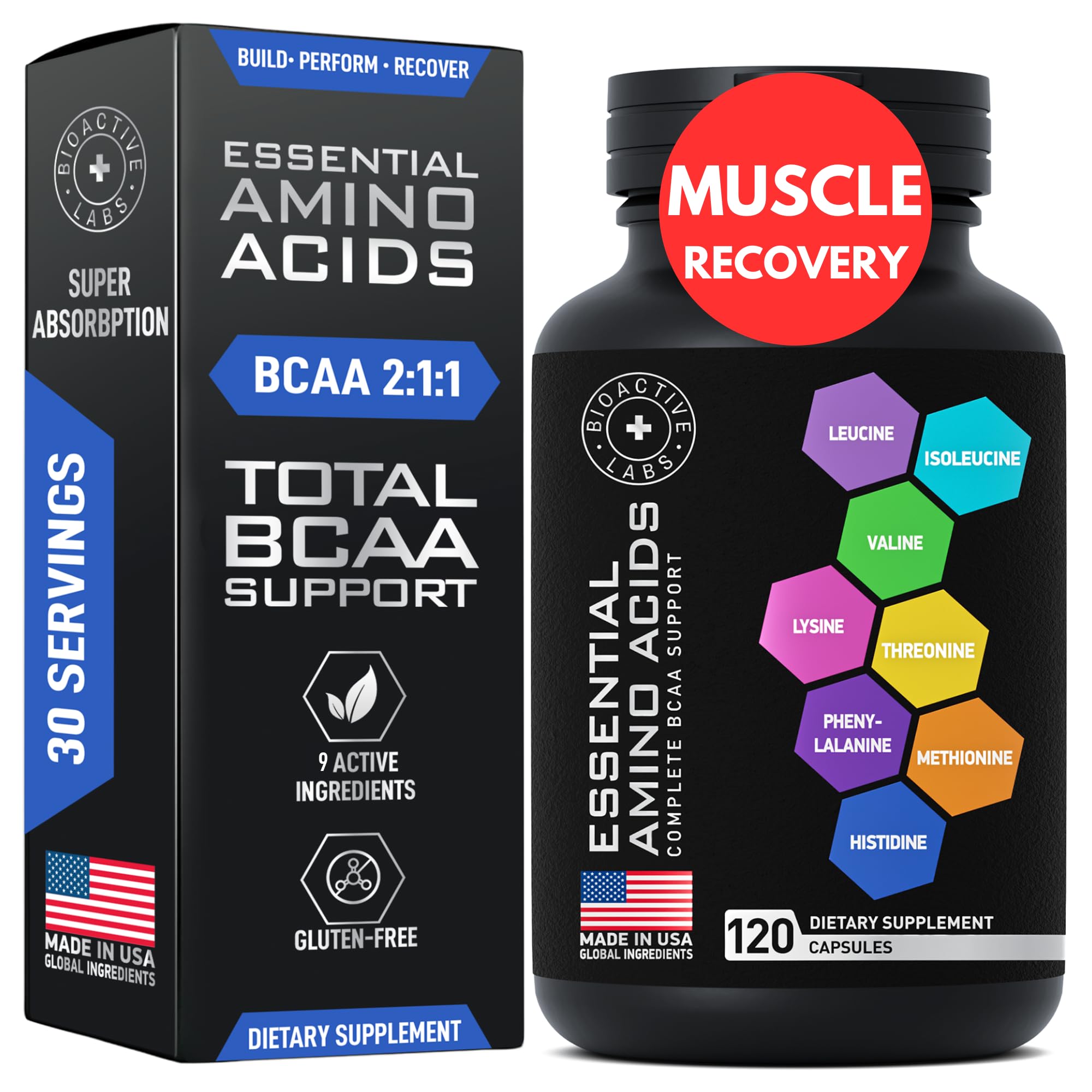 BIOACTIVE LABS pilules EAA BCAAs polyvalentes pour hommes et femmes actifs.