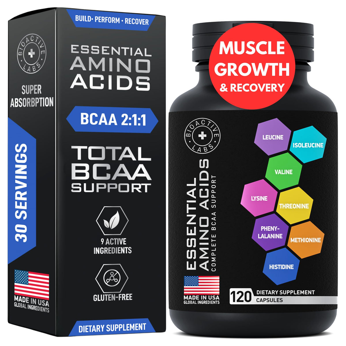 BIOACTIVE LABS pilules EAA BCAAs, soutien énergie et récupération.