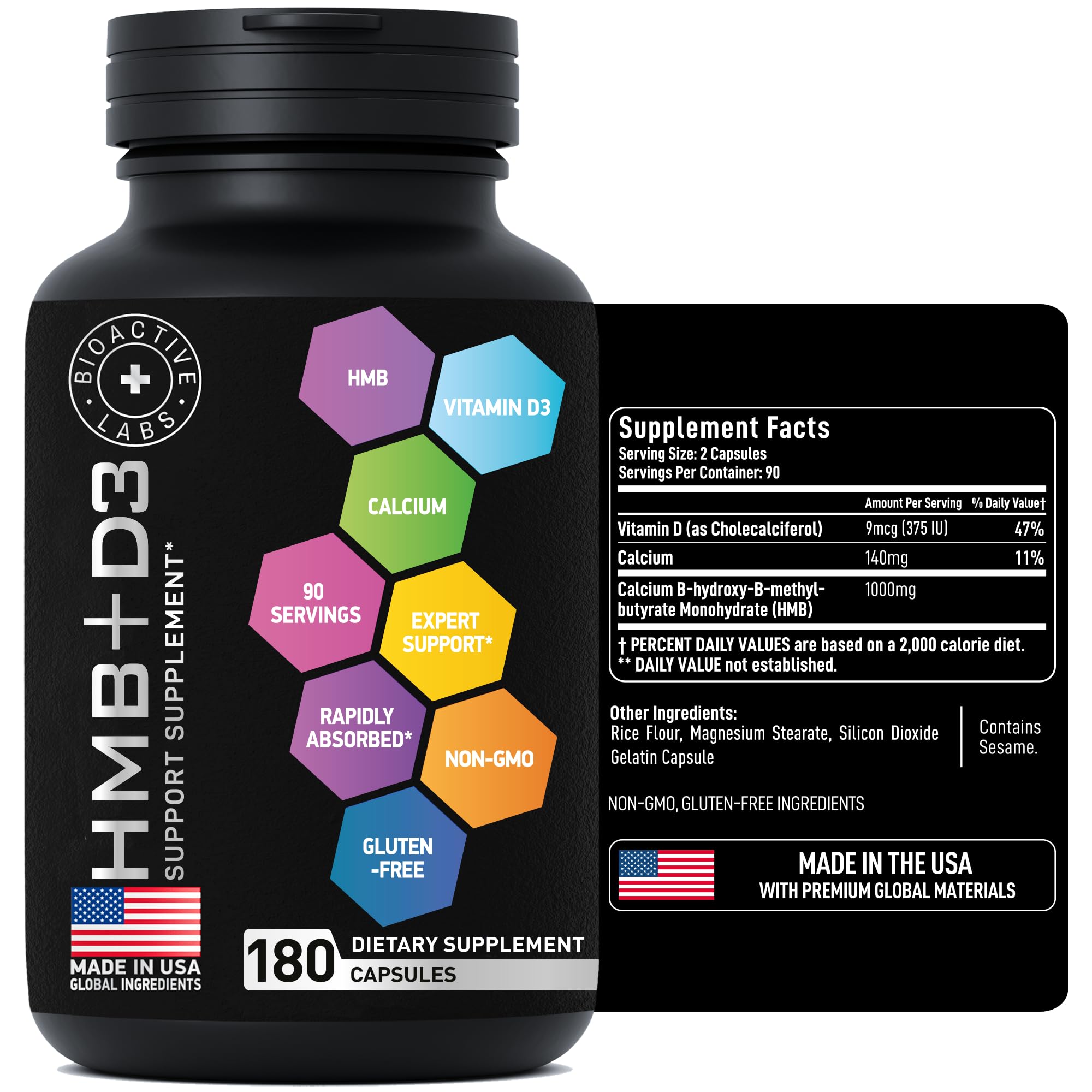 Reserve de 180 capsules BIOACTIVE LABS HMB-D3 pratique et durable.