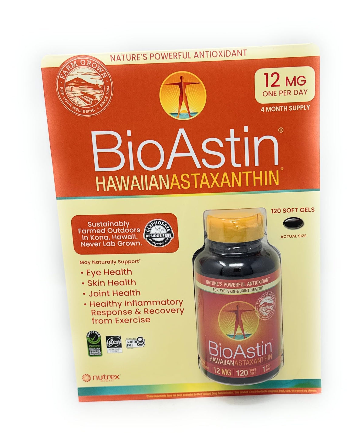 BioAstin Astaxanthine hawaïenne 12 mg sur bouteille, potentiel antioxydant pour l énergie.