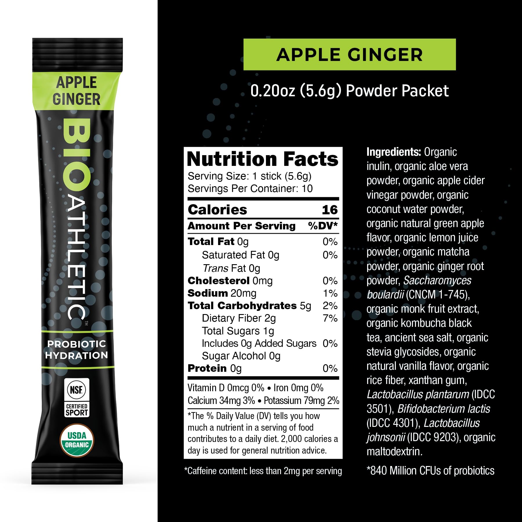 BioAthletic Probiotic Électrolyte en bouteille révèle labels USDA Organique et NSF.