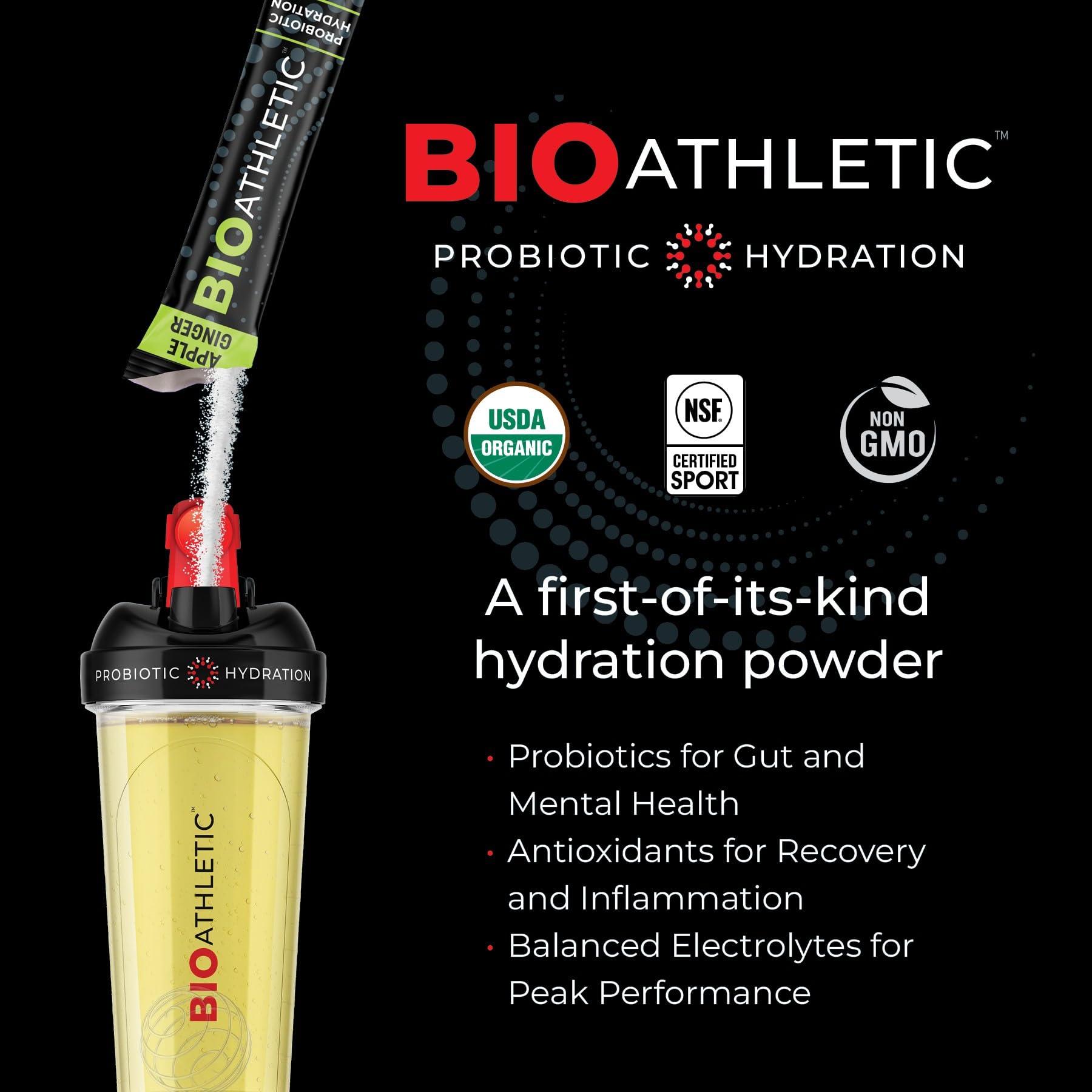 Goût pomme-gingembre subtil de BioAthletic Probiotic Électrolyte pour l'entraînement.