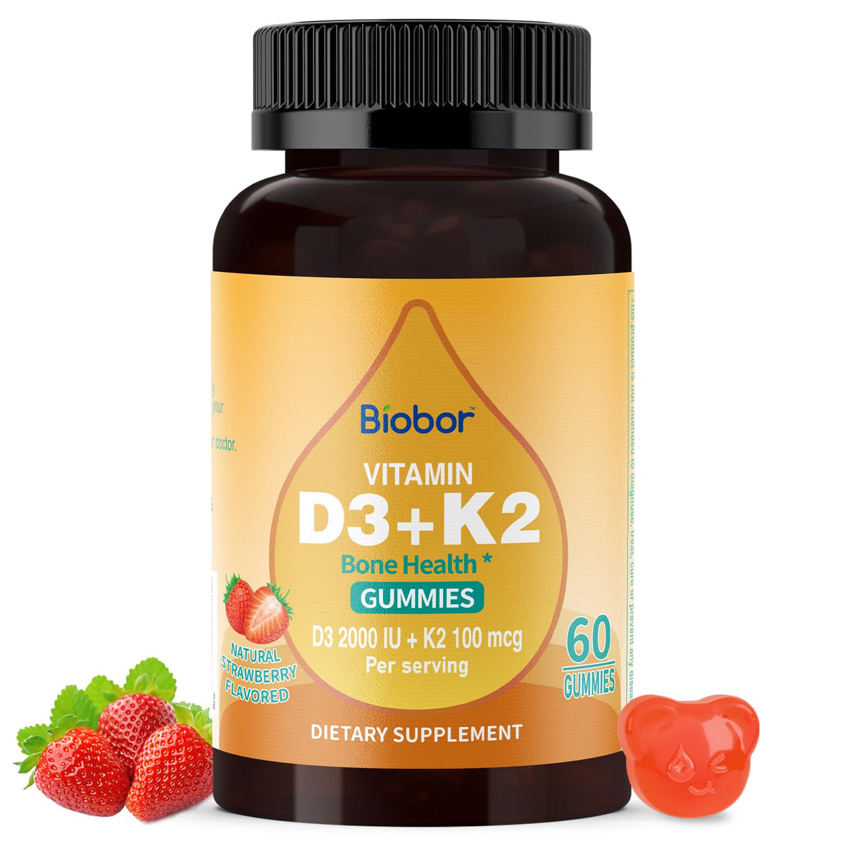 Biobor Gummies D3 K2 en bouteille: soutien occasionnel des os et immunité.