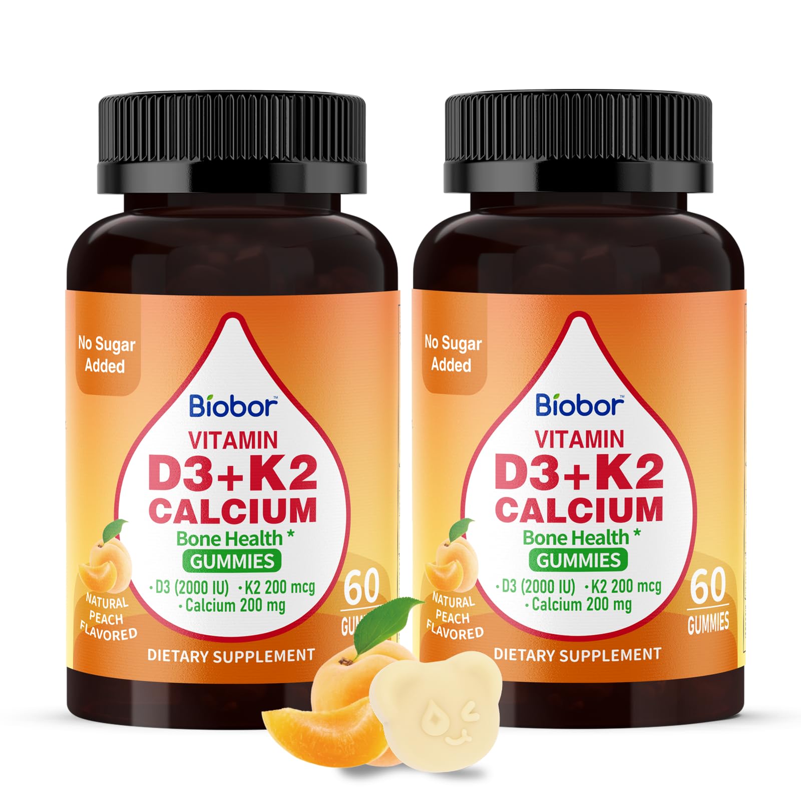 Biobor gommes D3 K2 Calcium – étiquette du produit affichant les ingrédients et le soutien osseux.
