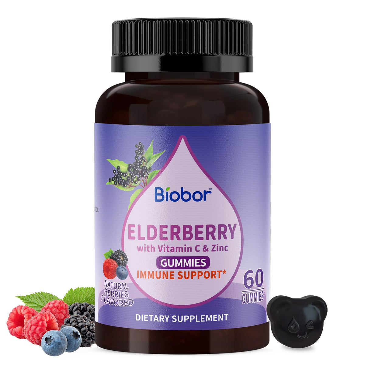 Biobor Gommes Sureau Noir en bouteille au goût fruité pour toute la famille.