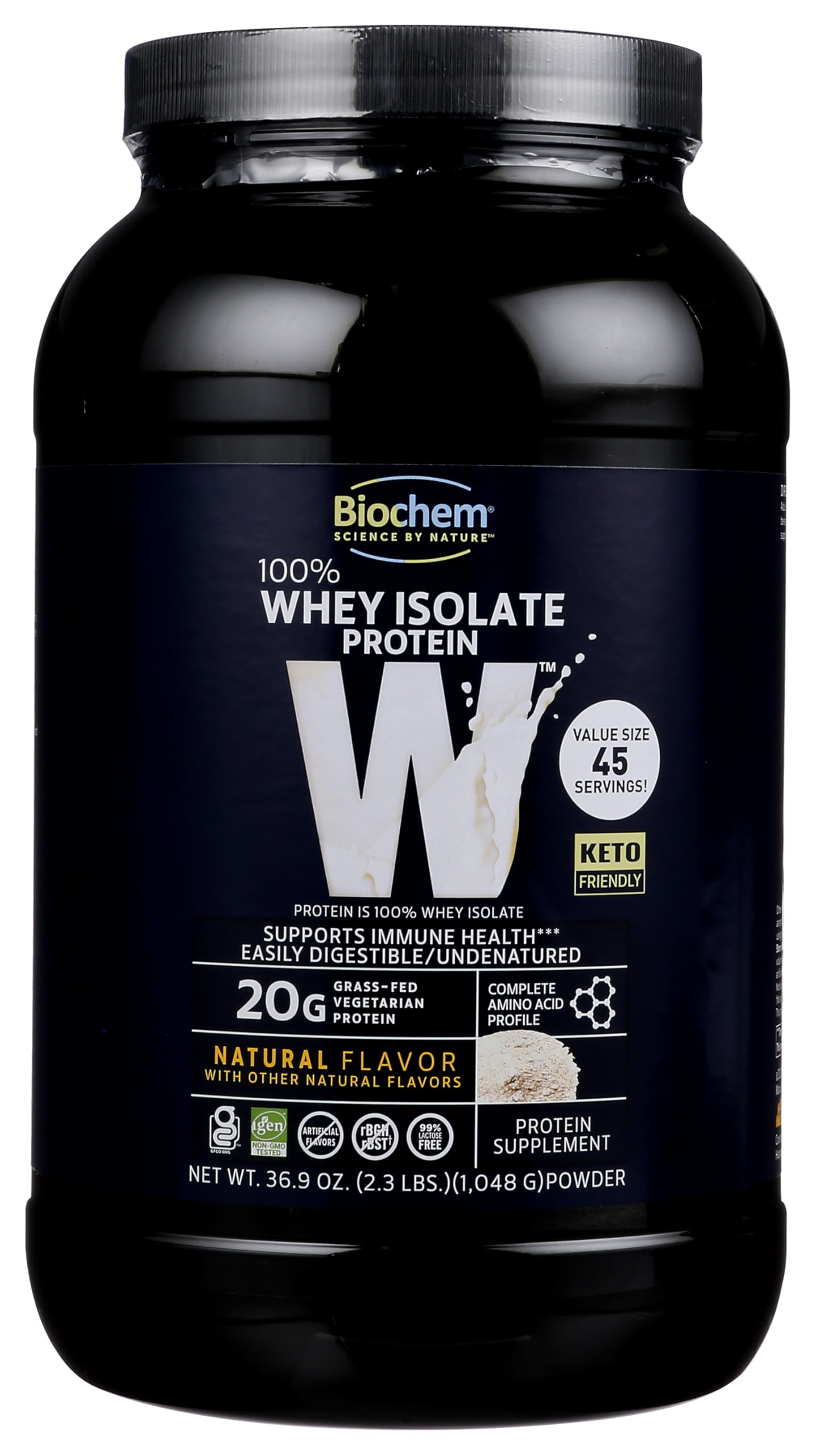 Biochem isolat lactoserum naturel - bouteille affichant texture lisse après entraînement.