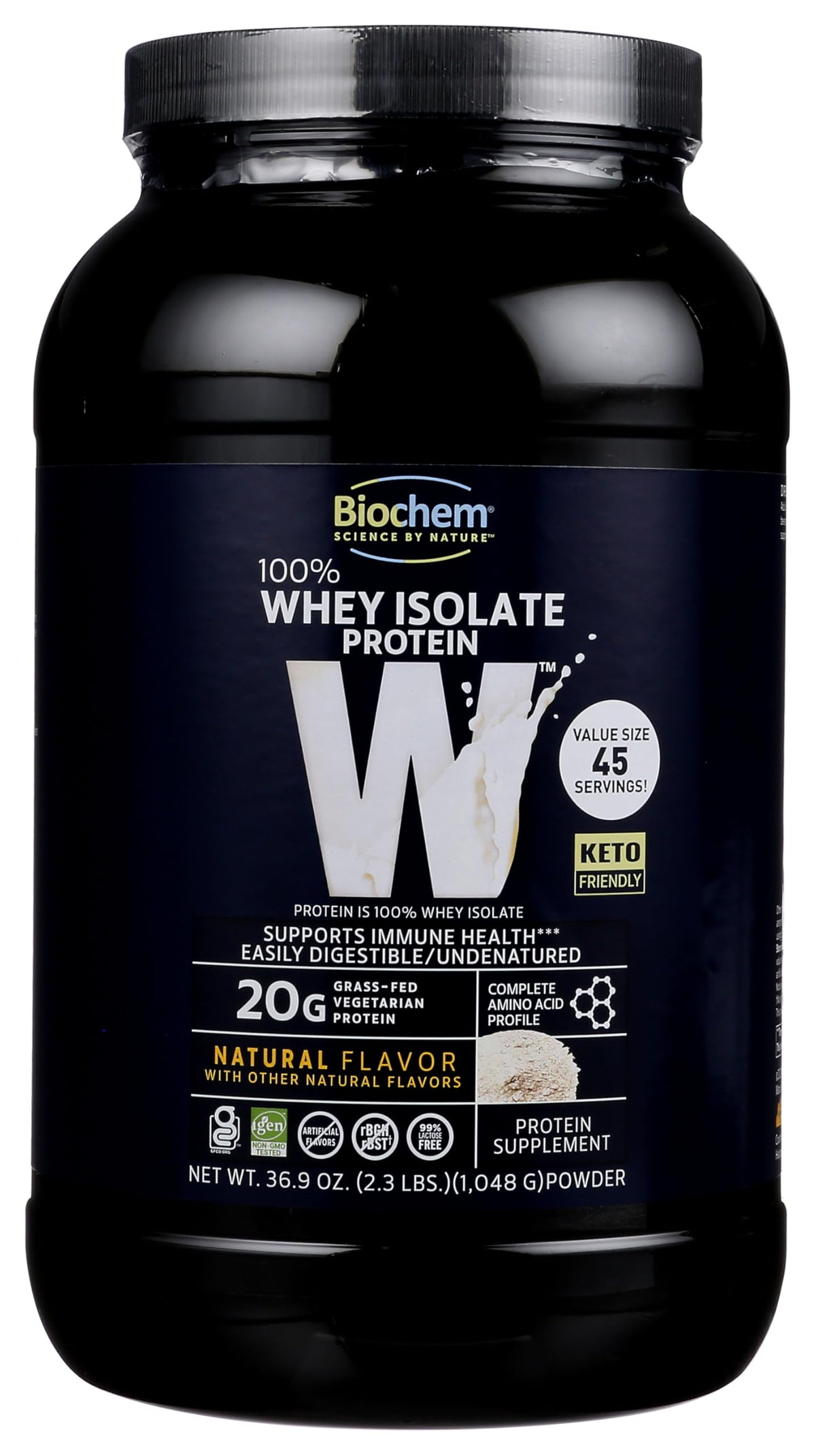 Biochem isolat lactoserum naturel - bouteille affichant texture lisse après entraînement.