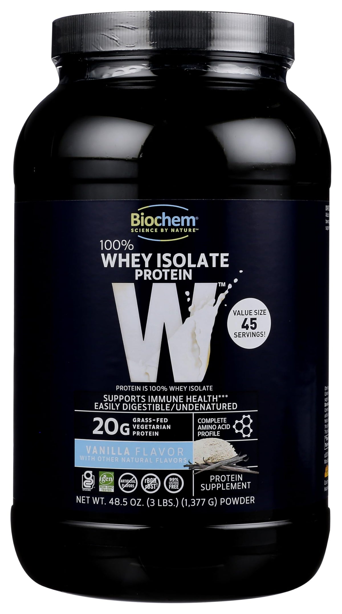 Biochem protéine isolée vanille, cuillère-dose, pratique pour une prise rapide.
