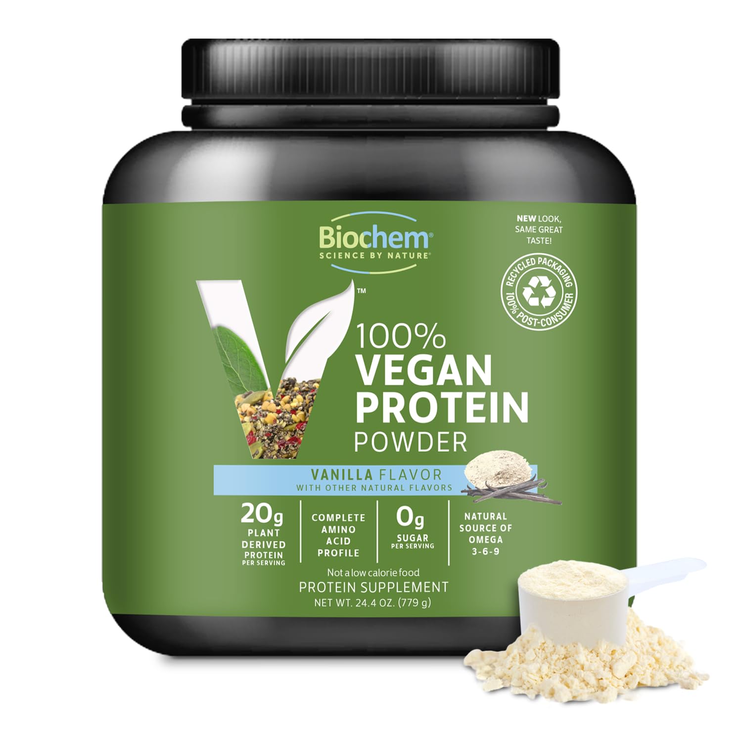 Biochem Protéine Vegan en poudre - emballage clair pour une référence pratique.