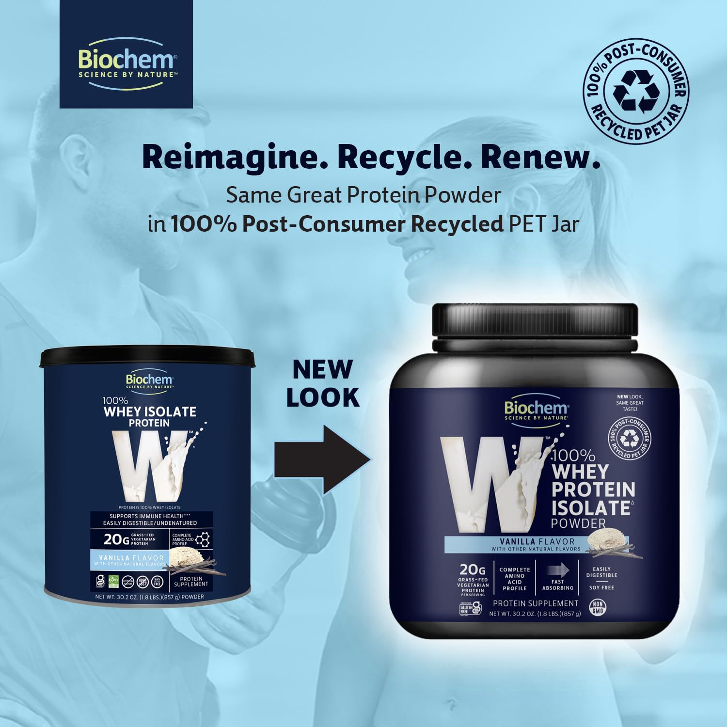 Cuillère-mesure Biochem Whey Vanille pour doser facilement 20 g par portion.