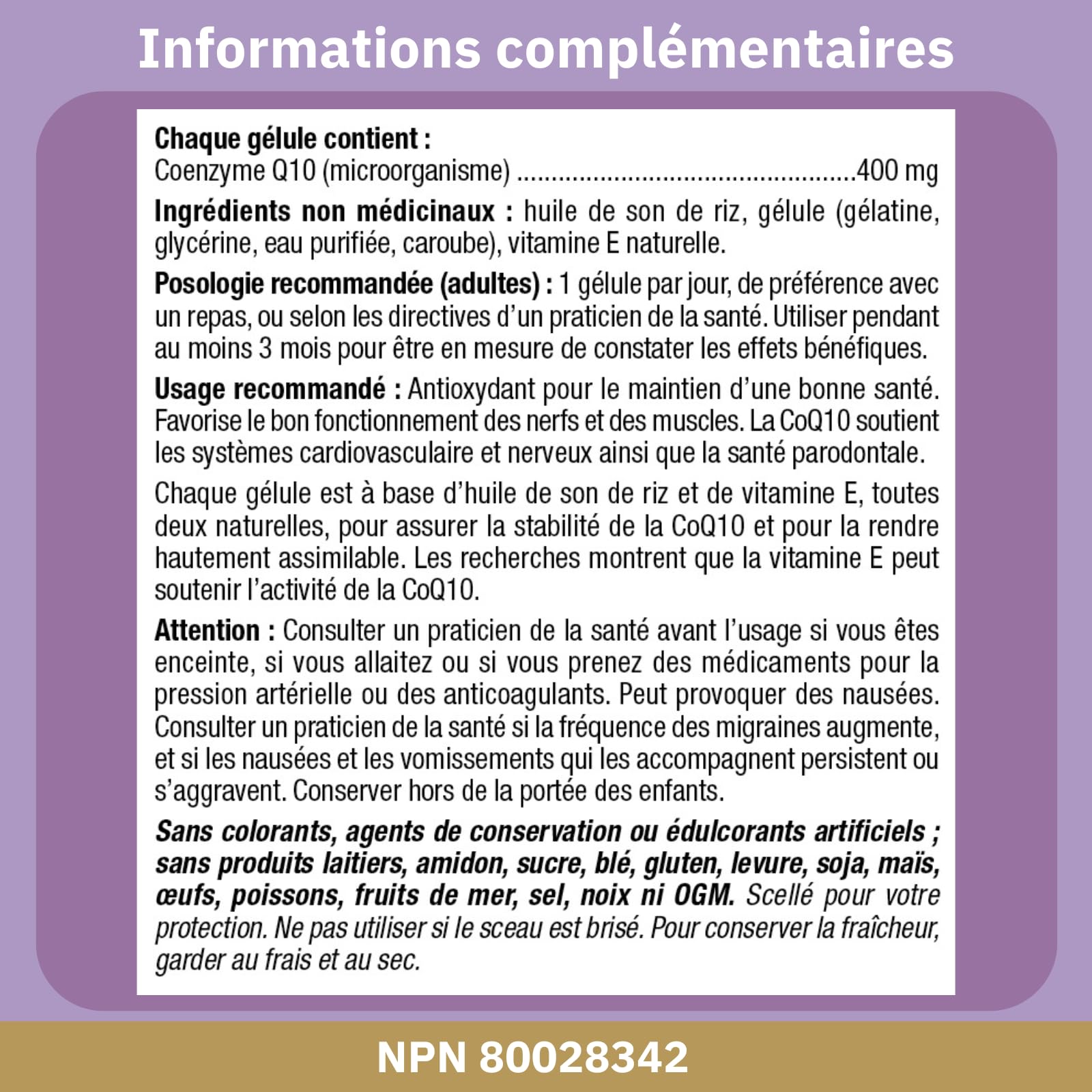 Étiquette-information Bioclinic Naturals CoQ10: détails sur les ingrédients et l’usage.