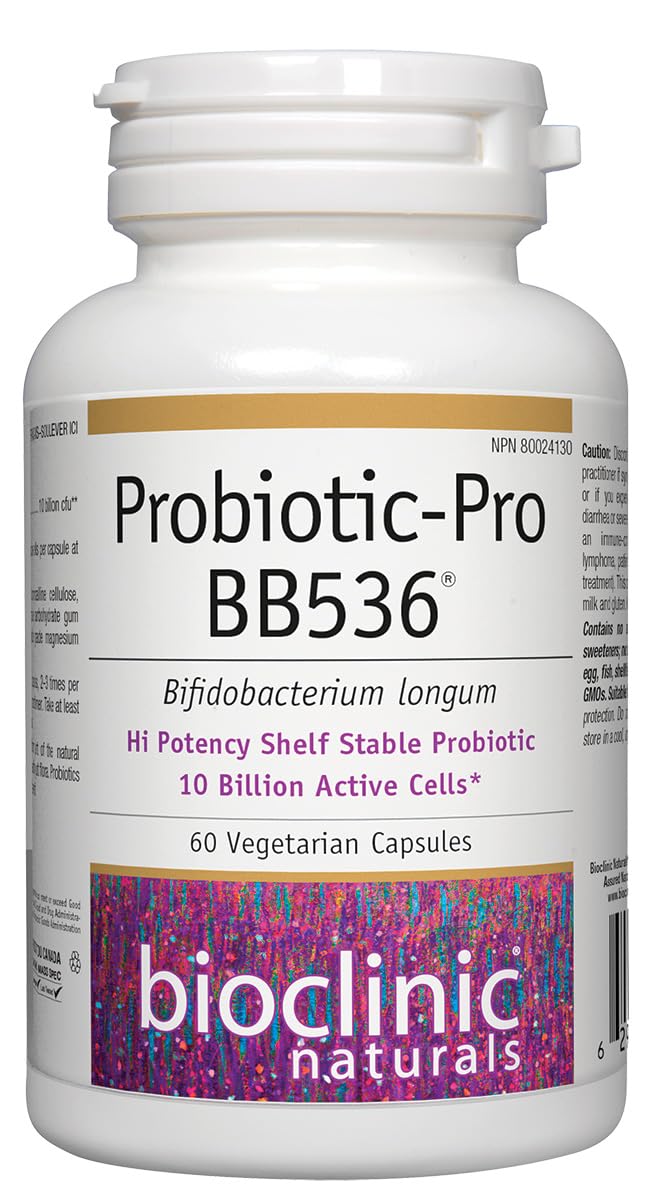 Bioclinic Naturals Probiotic Pro BB536 – bouteille montrant une dose quotidienne possible.